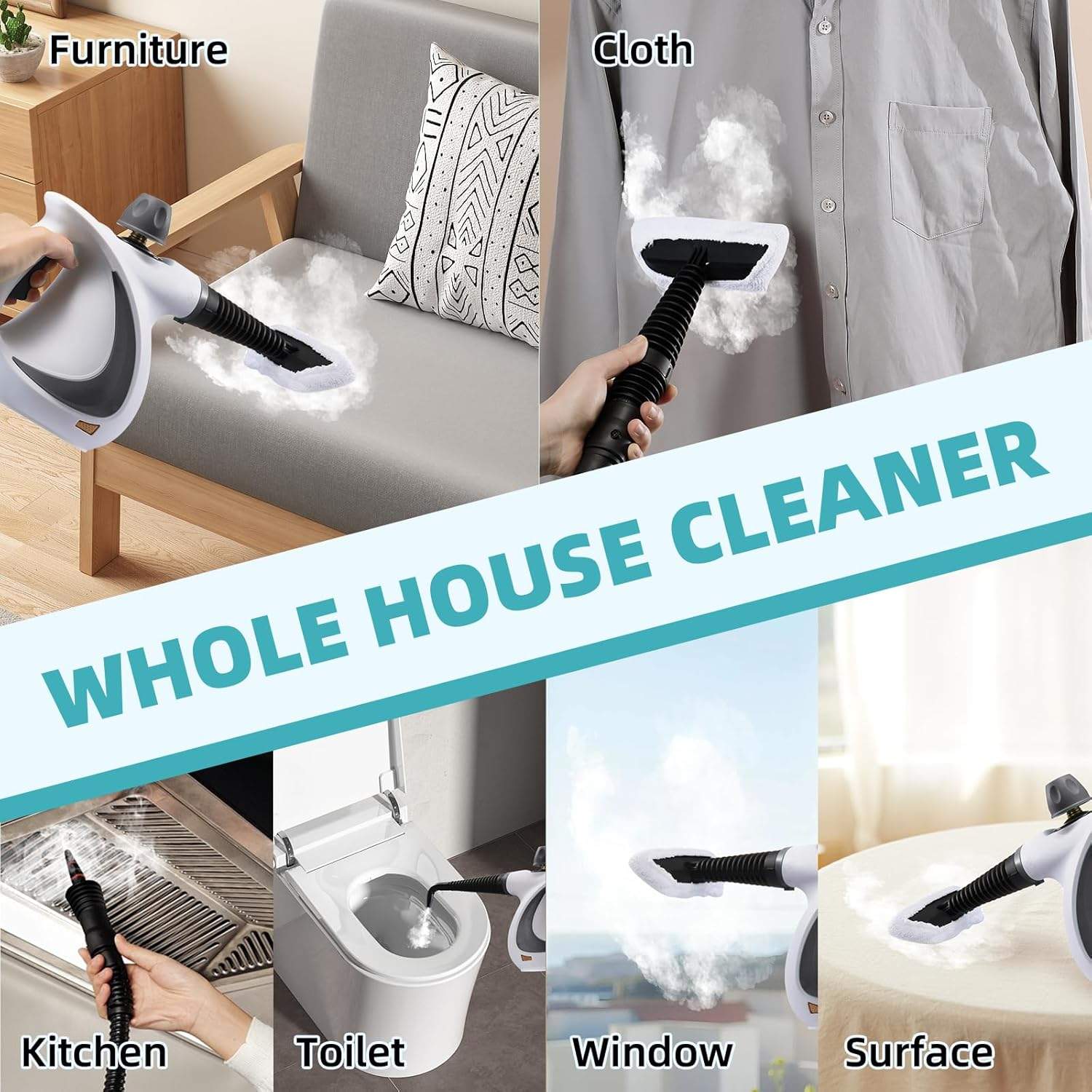 Airelax Steam Cleaner Handheld Multi-Purpose Handheld Steamer Portable Hand Held Steam Cleaner with Safety Lock for Stain Removal, Home&Car Clean with 10 Accessories Includes Nozzles, Brushes, Funnel image number 2