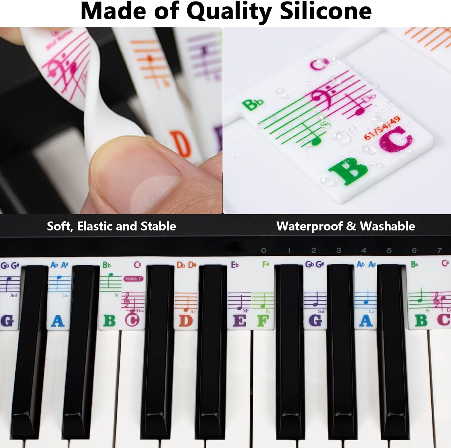 Silicone Piano Key Labels, Azymi Piano Note Guide 88-Key Full Size, Reusable Keyboard Notes Overlay Strips for Beginners with Multi-Color Large Bold Letter image number 1