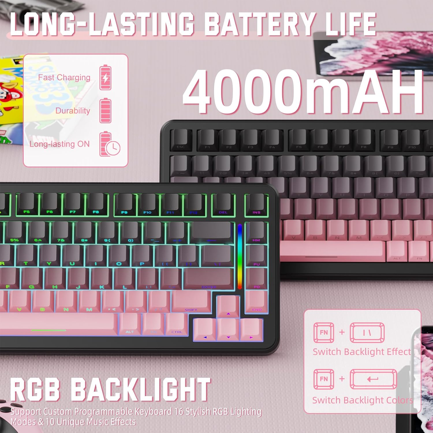 Lexonelec X Attack Shark M86 Pro Wireless Mechanical Keyboard, Bt/2.4G/Wired, 4000Mah, Hot-Swappable Linear Switch, Side-Printed Keycap, QWERTY, RGB Gaming Keyboard with Coiled Cable.(Black Pink) image number 2