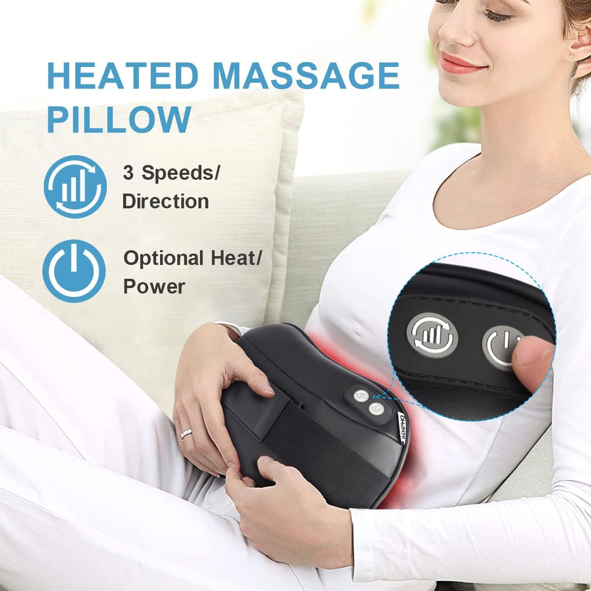 RENPHO Neck Back Massager with Heat, Ultra Slim Shiatsu Lower Back Neck Massage Pillow, 3-Speeds with Net Cover Electric Shoulder Massage Pain Relief