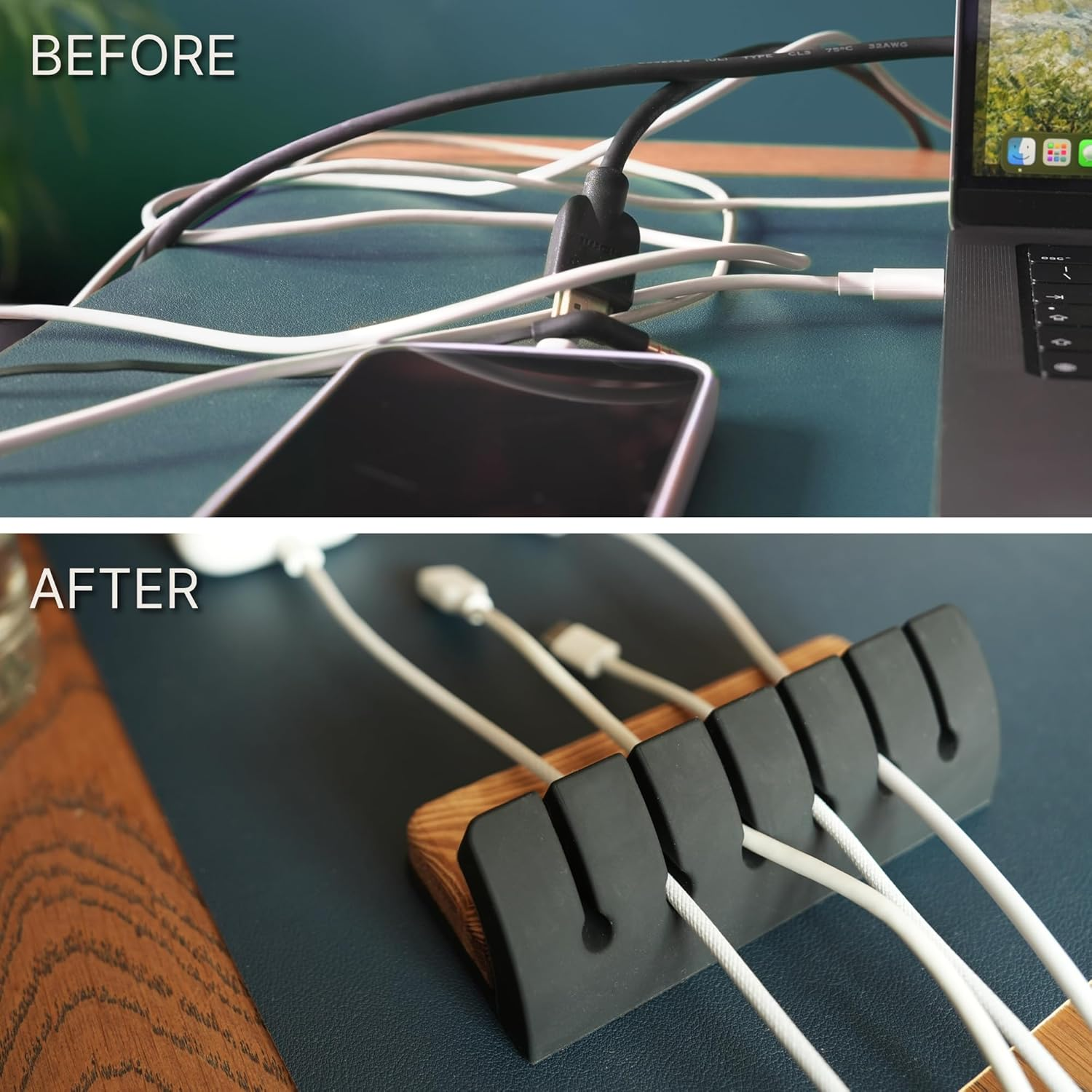 Home Office Accessories Cable Organiser - Office Desk Organiser for Cable Management - Wood and Silicone Refined Look, 6-Slots for Devices Charging Cable, Adhesive Free, Portable image number 1