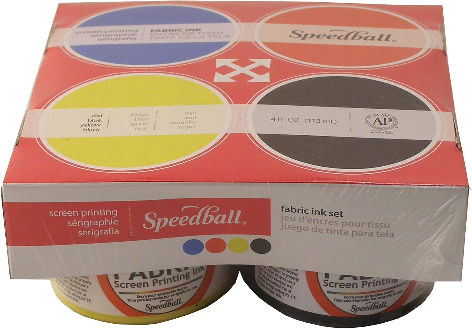Speedball Fabric Screen Printing Ink 4-Piece Set, Black/Yellow/Red/Blue