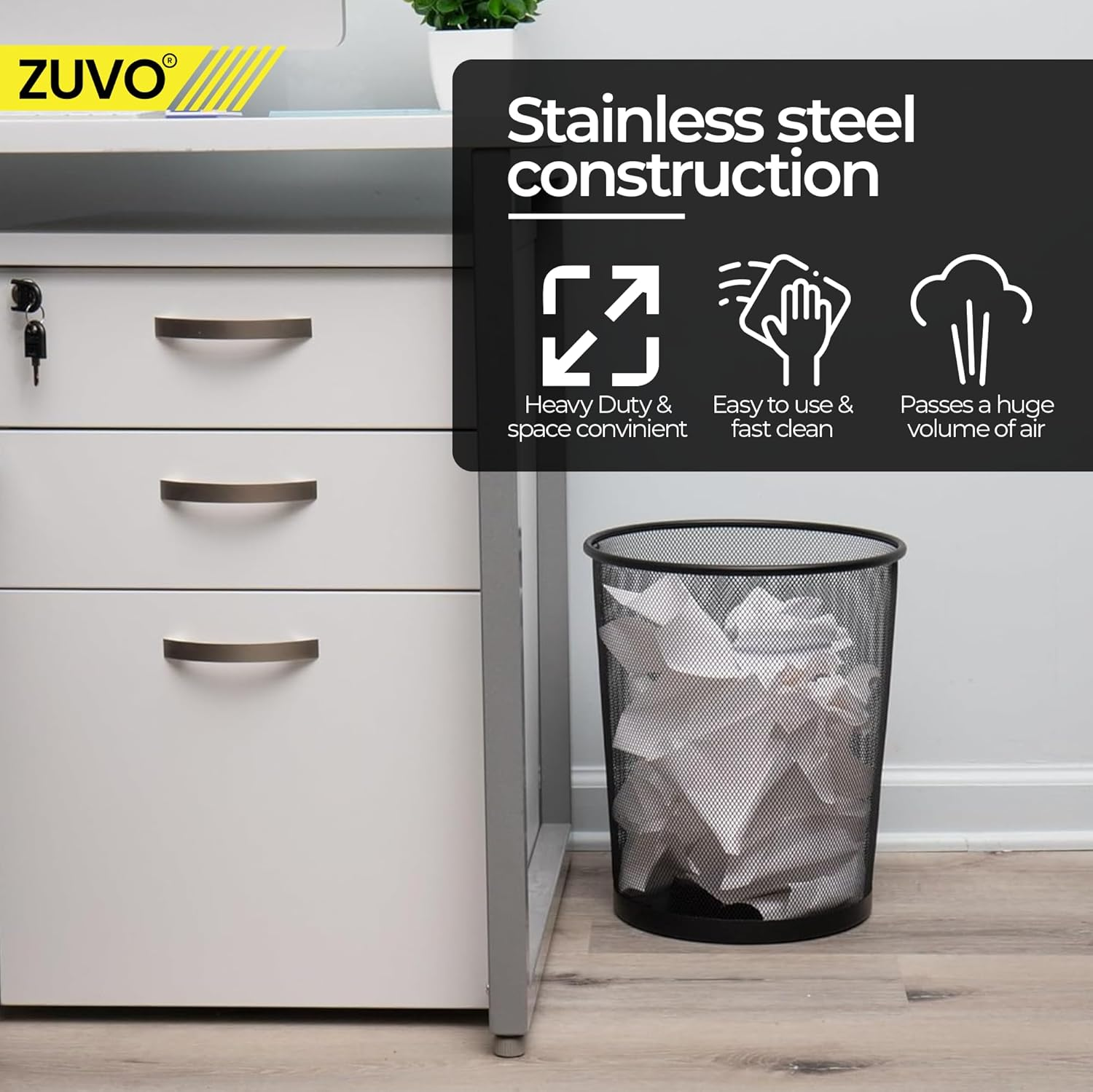 Zuvo Mesh Wastebasket Black Metal Wire Garbage Trash Can for Office Home Bedroom Height 10.1" Width 10", 4 Gallon (16 Quart) (1, Black) image number 4