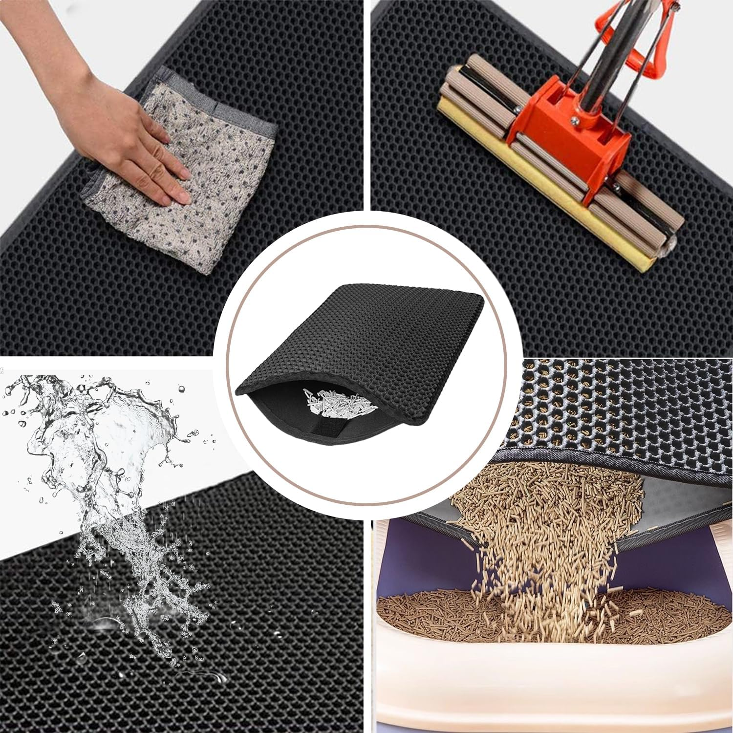 1 Pack Cat Litter Double Layer Tray Mat, Non-Slip Cat Litter Collection Mat, Square Cat Litter Collection Container with Large Hole, Easy to Clean, Washable (Black) image number 1