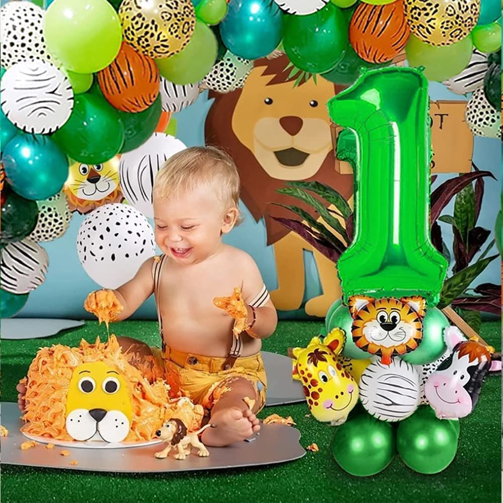 Toddler Jungle Theme Balloon Arch Kit for 1 Year Old Baby Boy Girl, Green Happy Birthday Banner Balloons Garland, Safari Shower Party Supplies Decorations - 64Pcs (1) image number 1