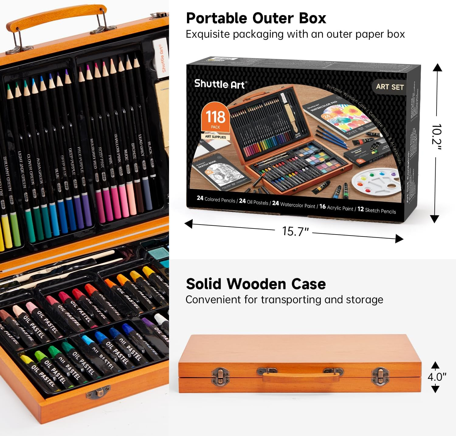 118 Piece Deluxe Art Set, Shuttle Art Art Supplies in Wooden Case, Painting Drawing Art Kit with Acrylic Paint Pencils Oil Pastels Watercolor Cakes Coloring Book Watercolor Sketch Pad for Kids Adults image number 3