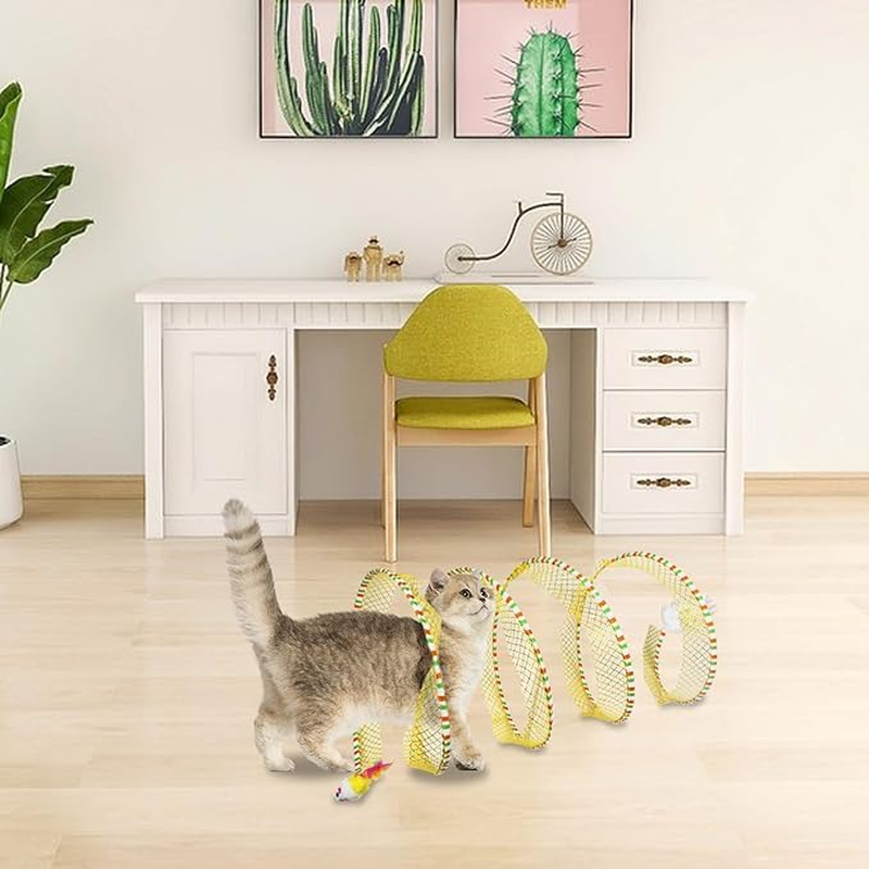 Andiker Cat Tunnel Toy, 10 Inch Foldable Metal Cat Feather Toy with Nylon Net, Feather, Mouse and Bell, Interactive Cat Toy for Indoor Cats (Yellow) image number 4