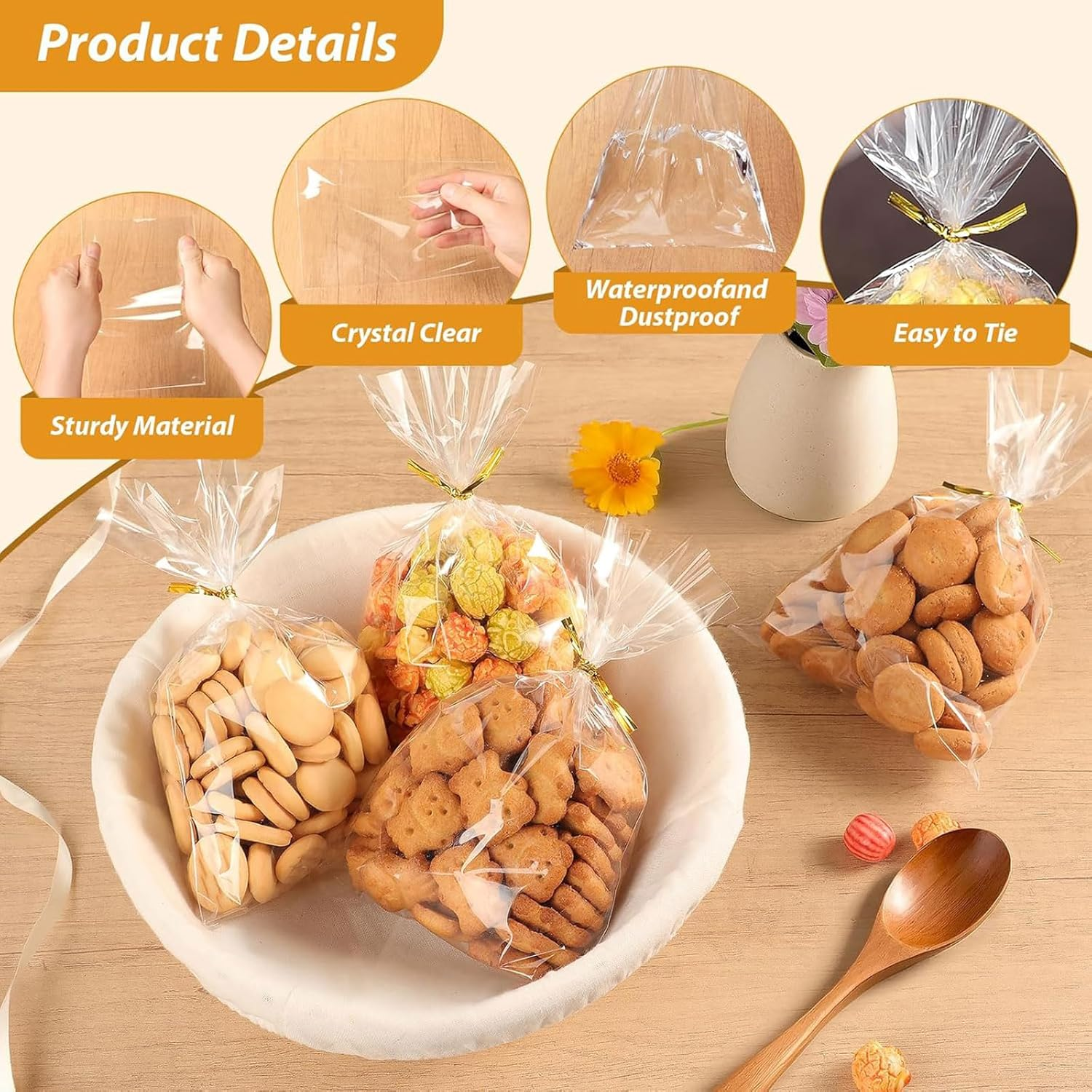 100Pcs Cellophane Bags, Small Plastic Bags for Cookies, Bags, Transparent Treat Bags for Party Favors, Bakery Packaging, DIY Crafts image number 6