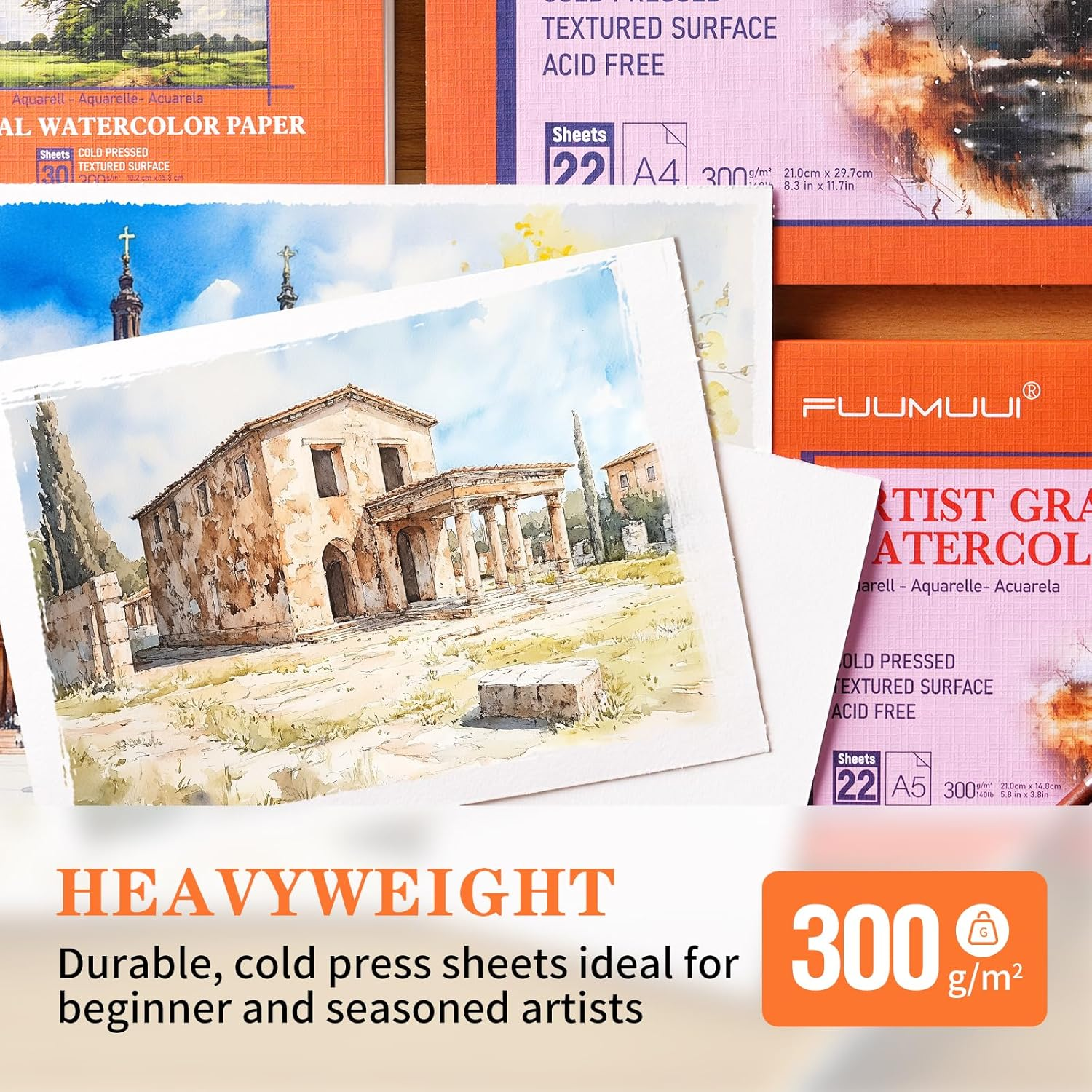 Watercolour Paper Block A4-100% Cotton Paper Pad, 22 Sheets, Cold Pressed, Acid-Free, 140 Lb/300Gsm | Art Paper for Painting, Drawing, Art Journaling, Professional Artist Quality, Natural White image number 4