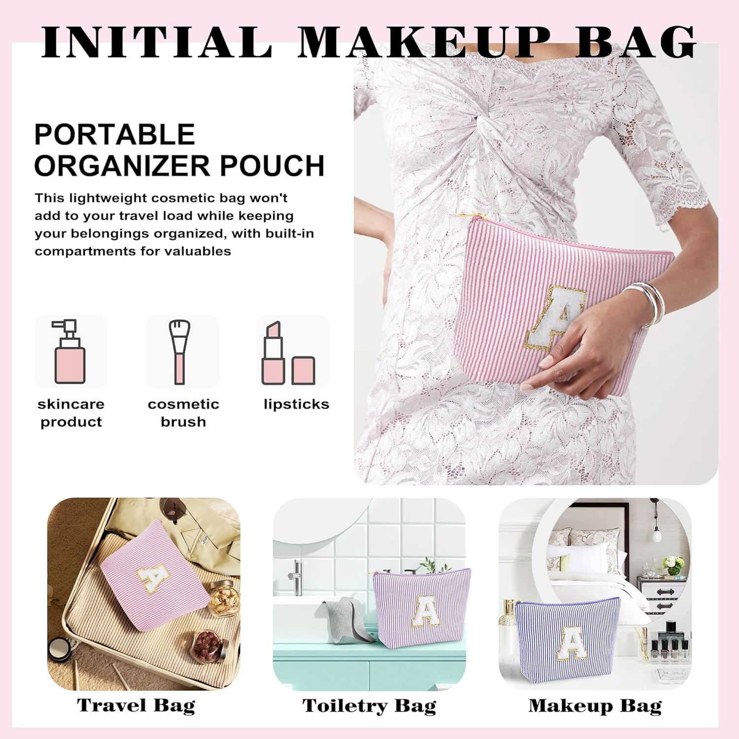 Fohufo Travel Makeup Bag Set - Initial Travel Toiletry Bag, Portable Make up Cosmetic Bag | Travel Essentials Travel Makeup Bag | Cute Pink/Purple/Blue Stuff Gifts for Women Mom Daughter Teacher image number 7