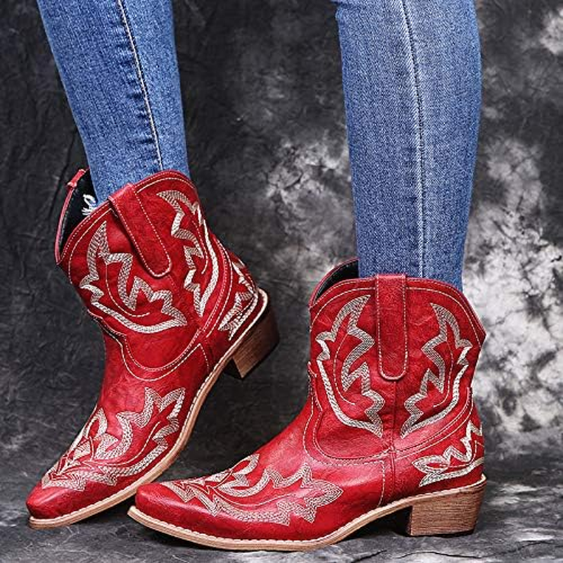 Kinyahoe Cowboy Boots for Women Cowgirl Western Ankle Boots Ladies Short Embroidered Pointed-Toe Low Heel Stitched Classic Retro Booties US6-10.5 image number 3