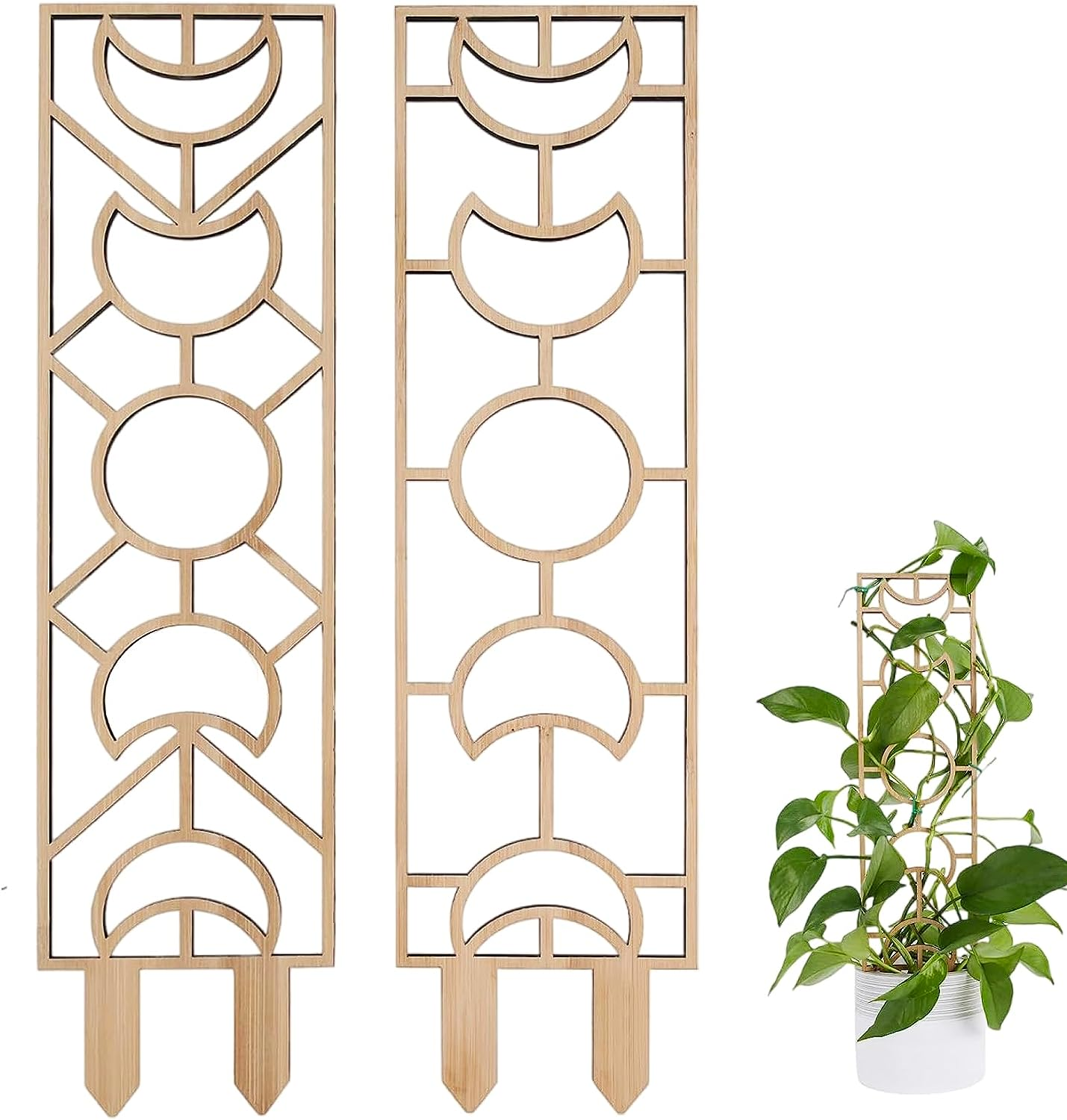 Wooden Plant Trellis, Small Garden Trellis for Climbing Plants Indoor Pot, 2 Pack Moon and Geometric Shape Design with Moisture-Proof Layer, Houseplants Decoration for Vines, Hoya (2Pcs, Au)