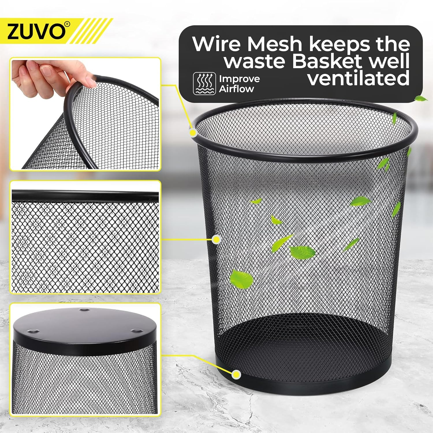 Zuvo Mesh Wastebasket Black Metal Wire Garbage Trash Can for Office Home Bedroom Height 10.1" Width 10", 4 Gallon (16 Quart) (1, Black) image number 2