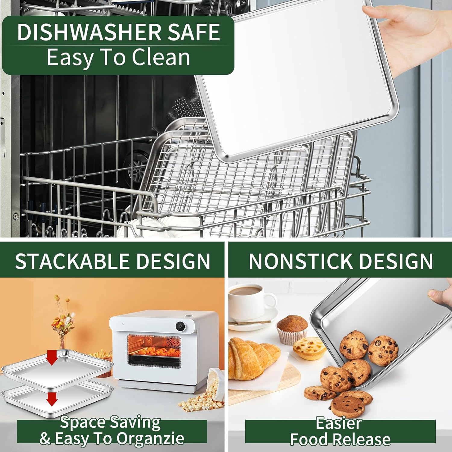 Small Baking Sheet with Cooling Rack Set [2 Baking Pans + 2 Wire Racks], CEKEE Stainless Steel Cookie Sheets for Baking, Heavy Duty & Dishwasher Safe Baking Sheets for Oven, Size 9 X 7 X 1 Inch image number 5