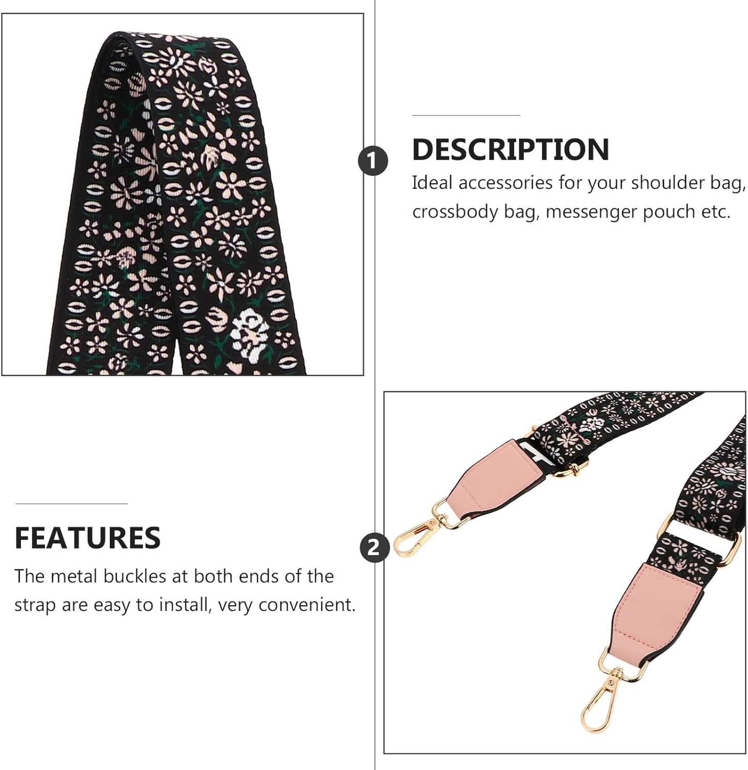 DECORNIJIA Adjustable Metal Buckle Bag Strap with Floral Print Wide Crossbody Shoulder Replacement for Women Handbags Travel Bags and Messenger Pouches Comfortable and Easy to Install image number 1