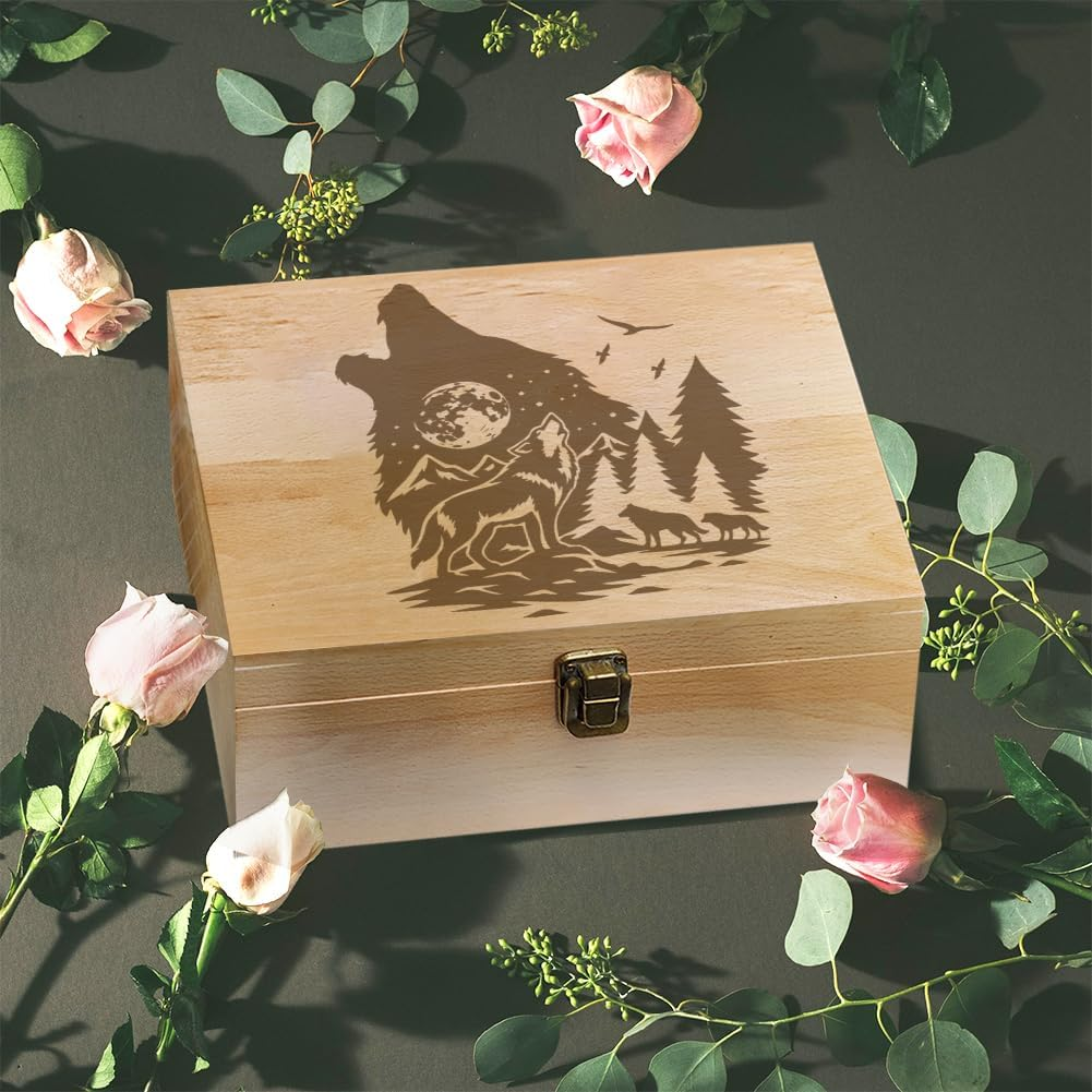 Arricraft 1 Pc Wooden Memory Keepsake Box, Wolf Howling Moon Pine Forest Flying Birds Pattern Storage Decorative Memory Wooden Box with Hinge Lids for Photos Dvds Letters Holding 24.5X19.5X10.3Cm image number 2