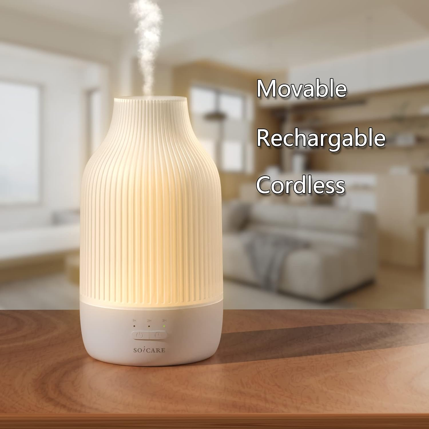SOICARE Cordless Rechargeable Diffuser, Battery Operated Mini Portable Wireless Diffuser for Essential Oils, 80ML Small USB Essential Oil Diffuser with Warm Light (White) image number 3