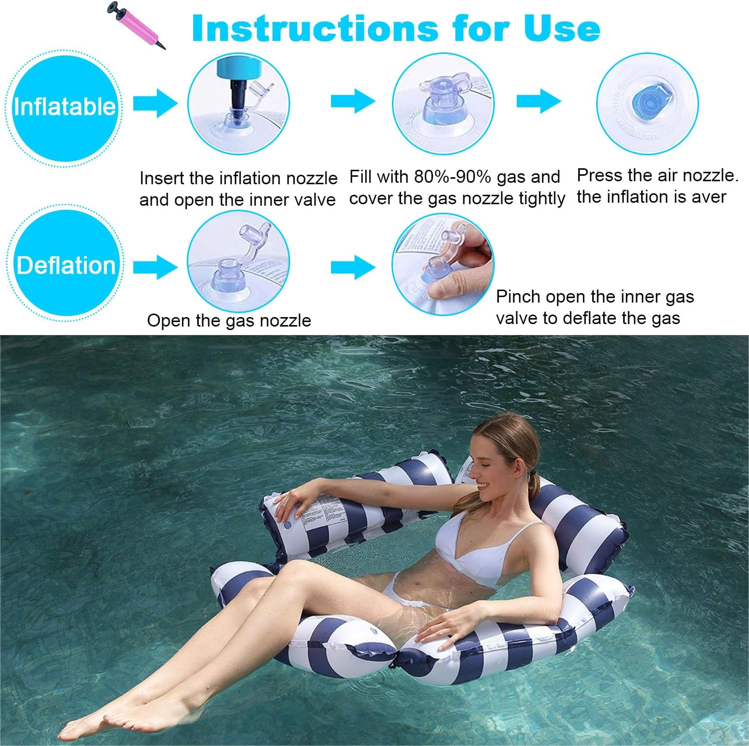 Inflatable Pool Chair Float, Water Hammock Lounge Chair, Multi-Purpose Water Hammock, Safe & Comfortable with Air Pump, Perfect for Vacation & Summer Pool Relaxation image number 4