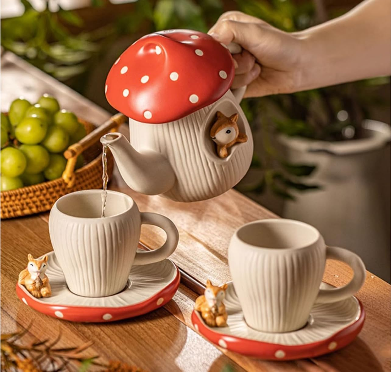 RESVUGA Cute Mushroom Mug with Saucer, Handmade Glaze Polka Dot, with Squirrel Decoration on the Plate. Safety Matt Ceramic Coffee Cups, 11 Oz Cartoon Tea Cup. Best Gifts for Women & Girls. image number 5