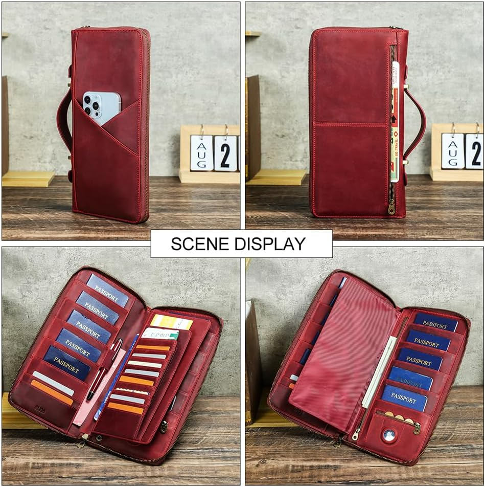 CONTACTS Family Passport Holder for 10 Full Grain Leather Airtag Passport Holder for Family Travel Document Organizer Multiple Passport Wallet with Rfid Blocking (Red) image number 3