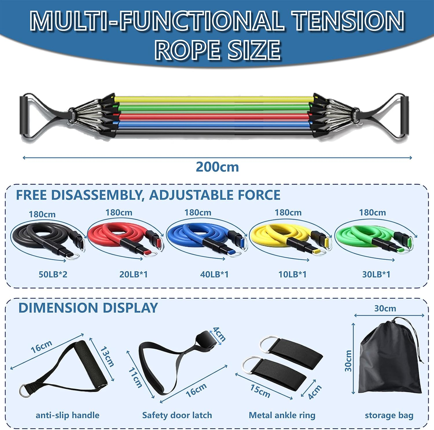 Clearnest Unbreakable Resistance Bands Set 14 Pieces 10-200LBS TPE - Home Workouts Travel Fitness Office Exercise Professional Strength Training for Men Women with Handles image number 6