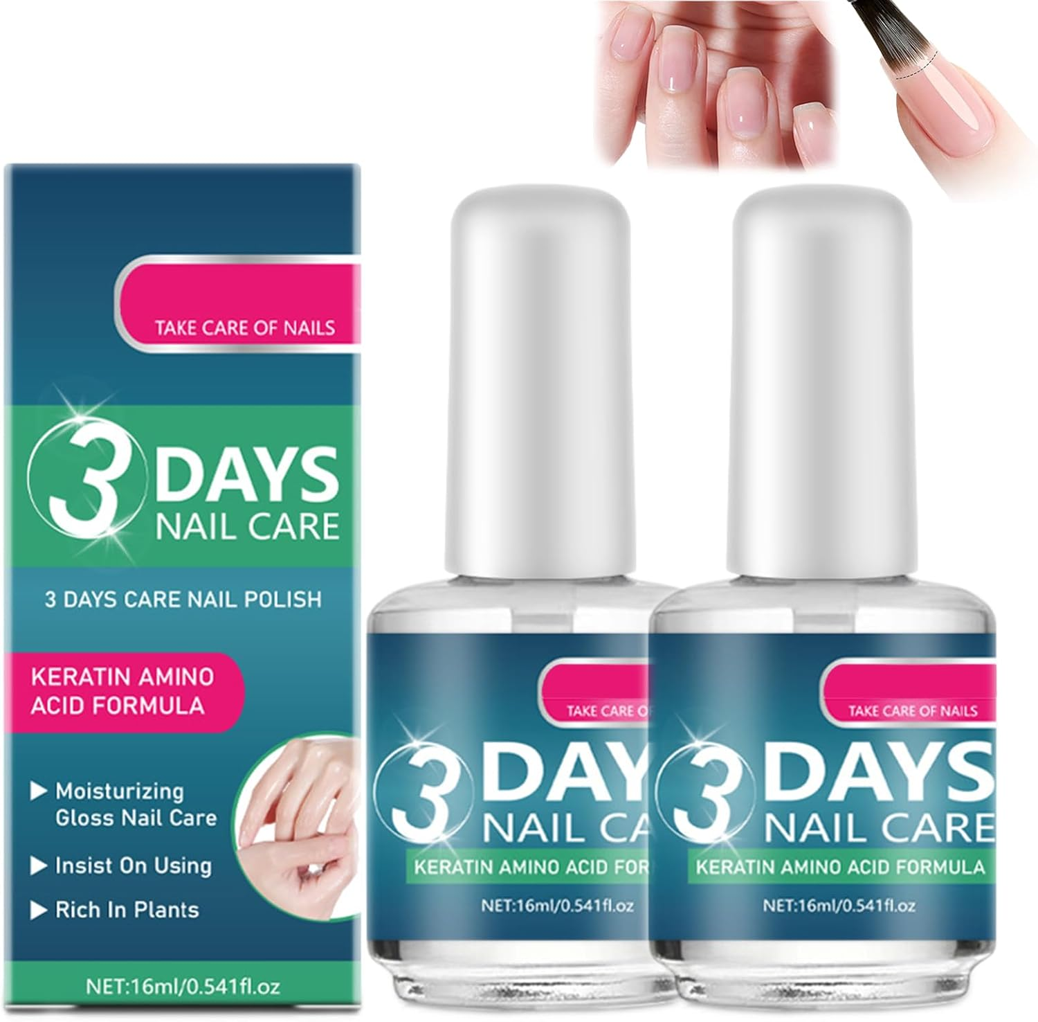 3 Days Nail Care,Keratin Amino Acid Formula Nail Strengthener for Weak & Damaged Nails,16Ml Growth Serum & Clear Polish Treatment Promotes Strength and Flexibility (2PCS)