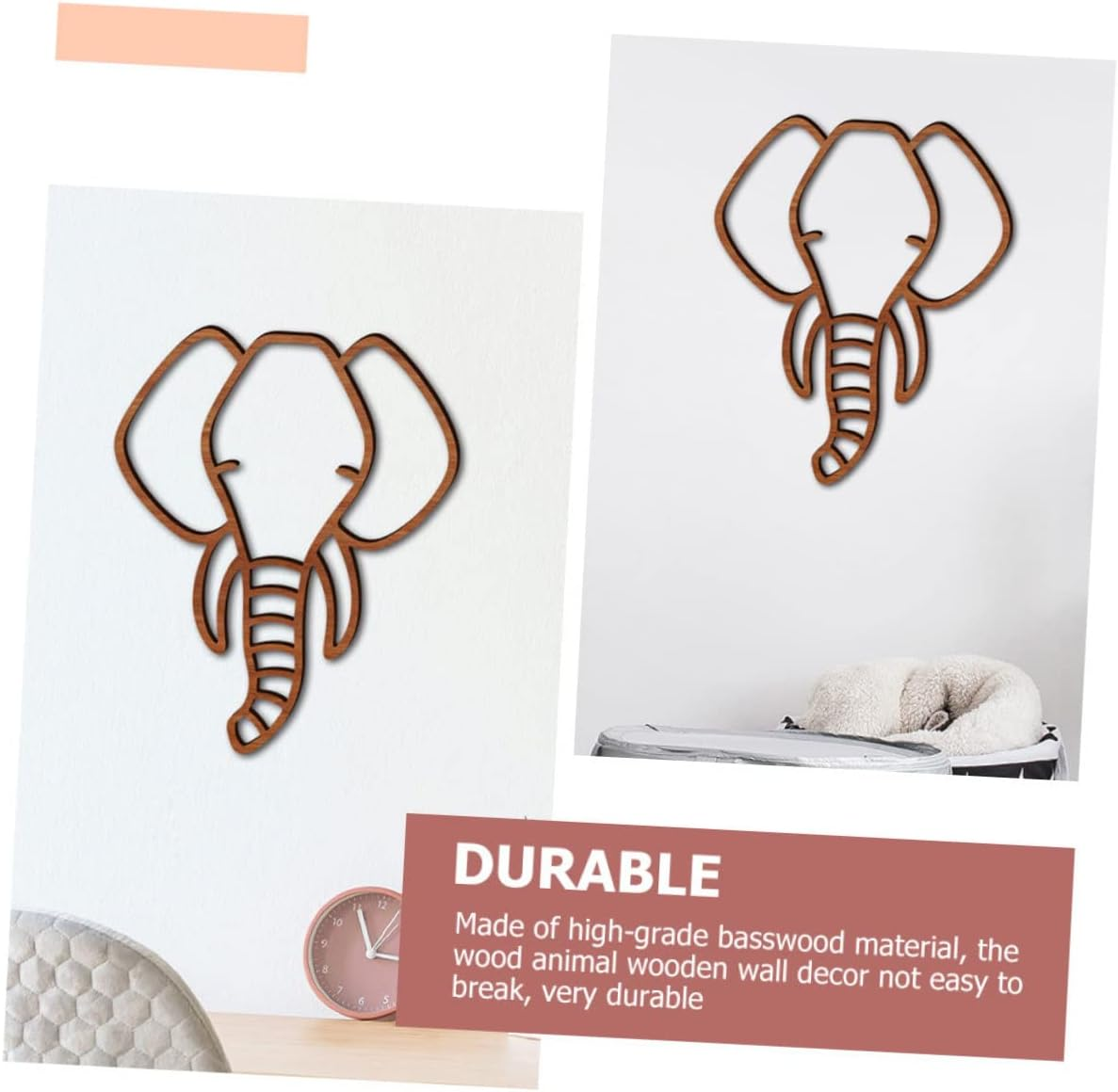 KAILIKETIY 2Pcs Wooden Animal Wall Decor Set 3D Cartoon Style Wood Animal Wall Art for Boys and Girls Nursery and Office Room Decorations - Light Brown image number 2