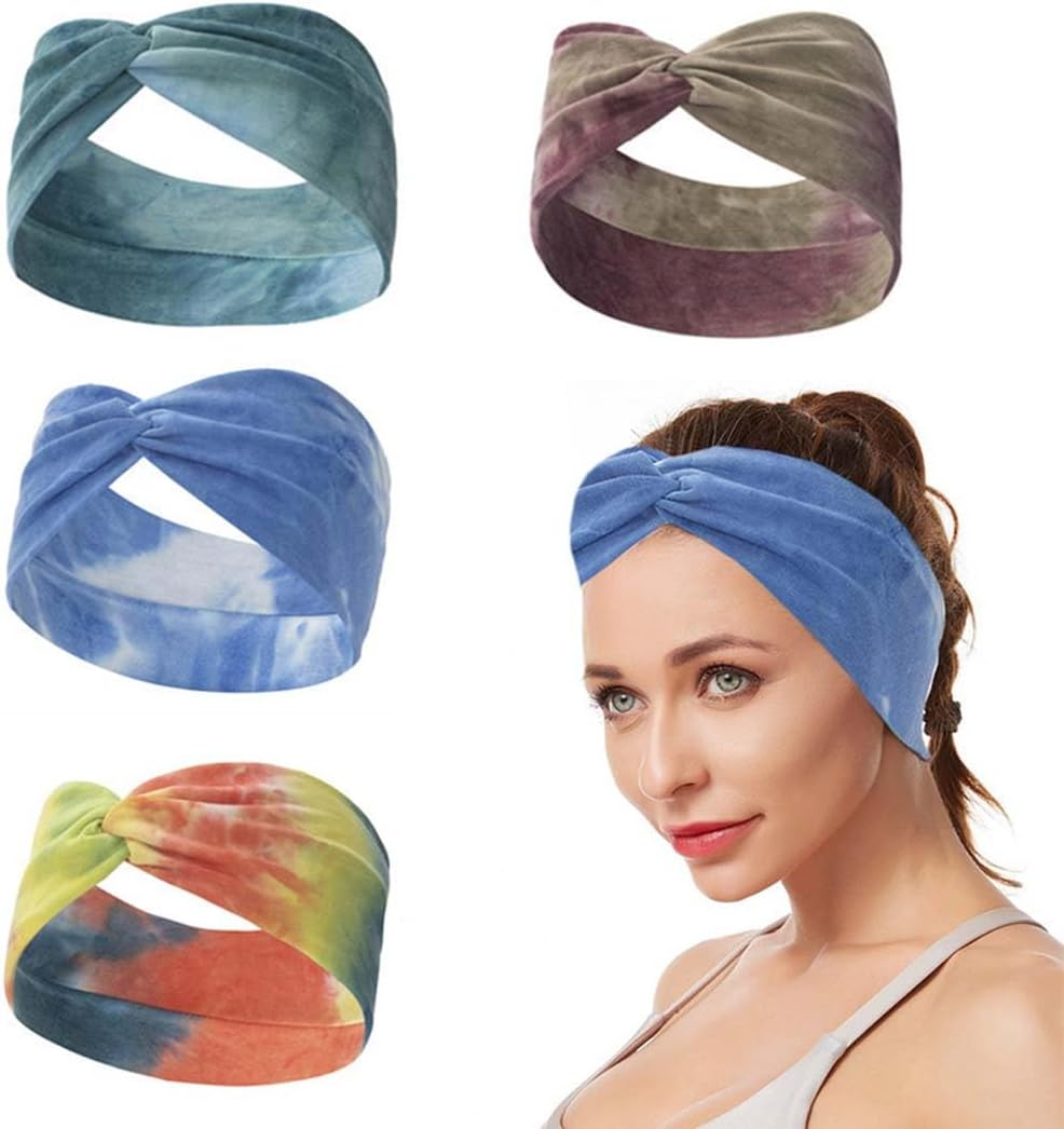 SULIUDAJI Pack of 4 Women'S Headbands, Elastic Headband with Batik Pattern, Hair Band, Elastic Wide Headband, Cotton Cross Headband, Knot Sports Headwrap, Headwrap, Headband, Yoga Hair Accessories For image number 1