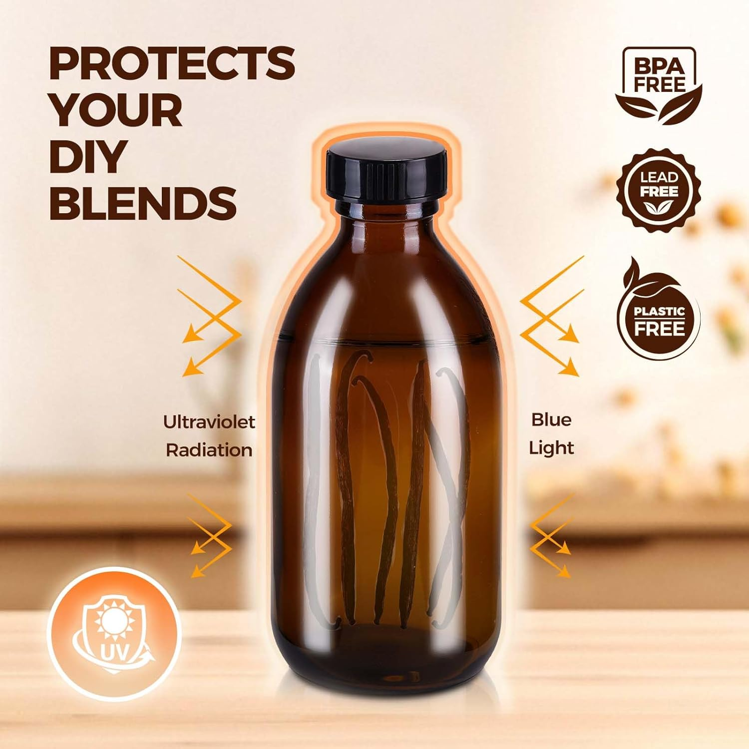 12 Pack, 8 OZ Amber Glass Bottles with Caps Leakproof Refilllable Empty Brown Boston Sample Dispensing Bottles for Homemade Vanilla Extract, Essential Oils, Potion, Juice, Ginger Shots, Liquids image number 3