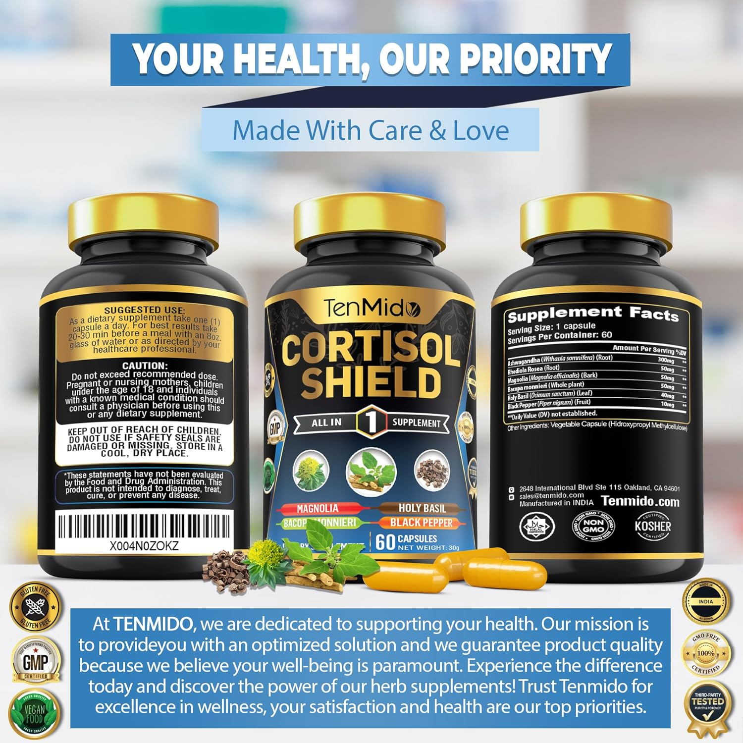 Cortisol Shield Supplement - 6In1 with Ashwagandha, Rhodiola Rosea, Magnolia, Bacopa, Holy Basil & Black Pepper - 60 Vegan & Non-Gmo Capsules image number 1