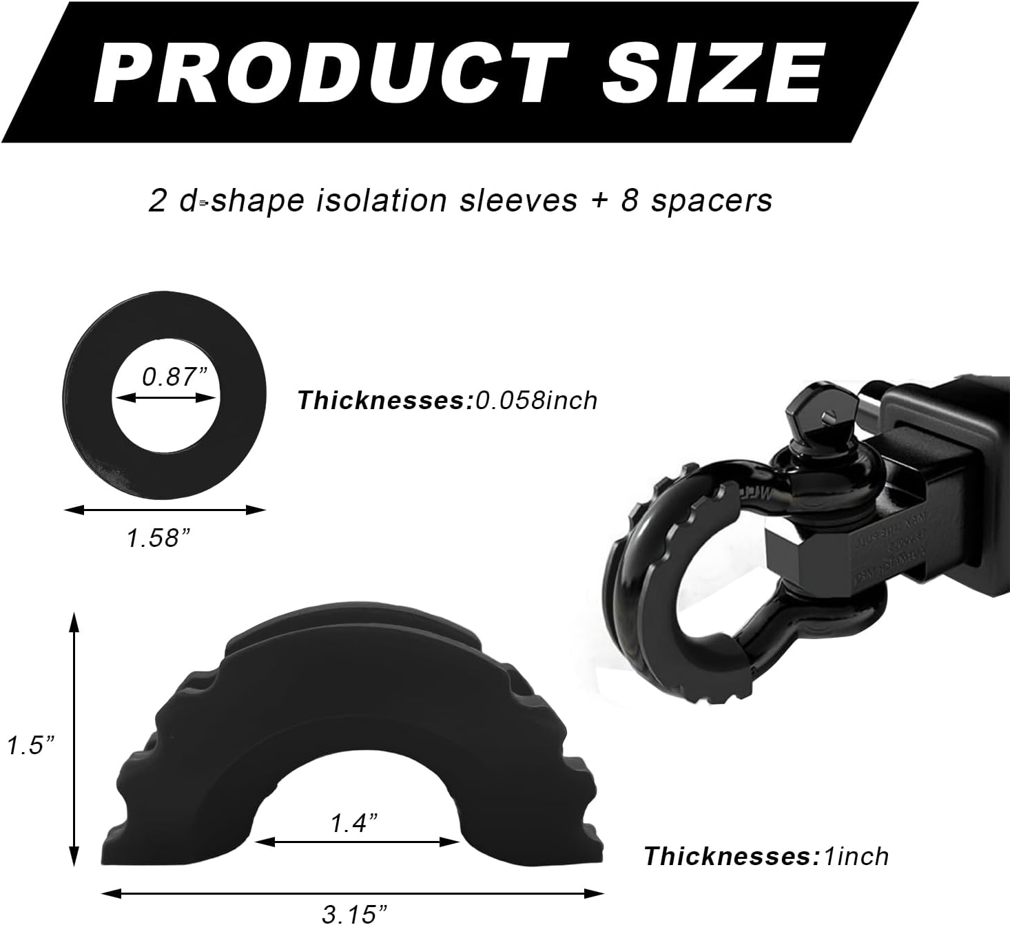 Wevdn D Ring Shackle Isolators Washers Kit, Rubber Shackle Isolators with Washers Fits Standard 3/4" Shackles, Soft Shackle Isolators Protect Shackle & Bumper Reduce Rattling (Black) image number 2
