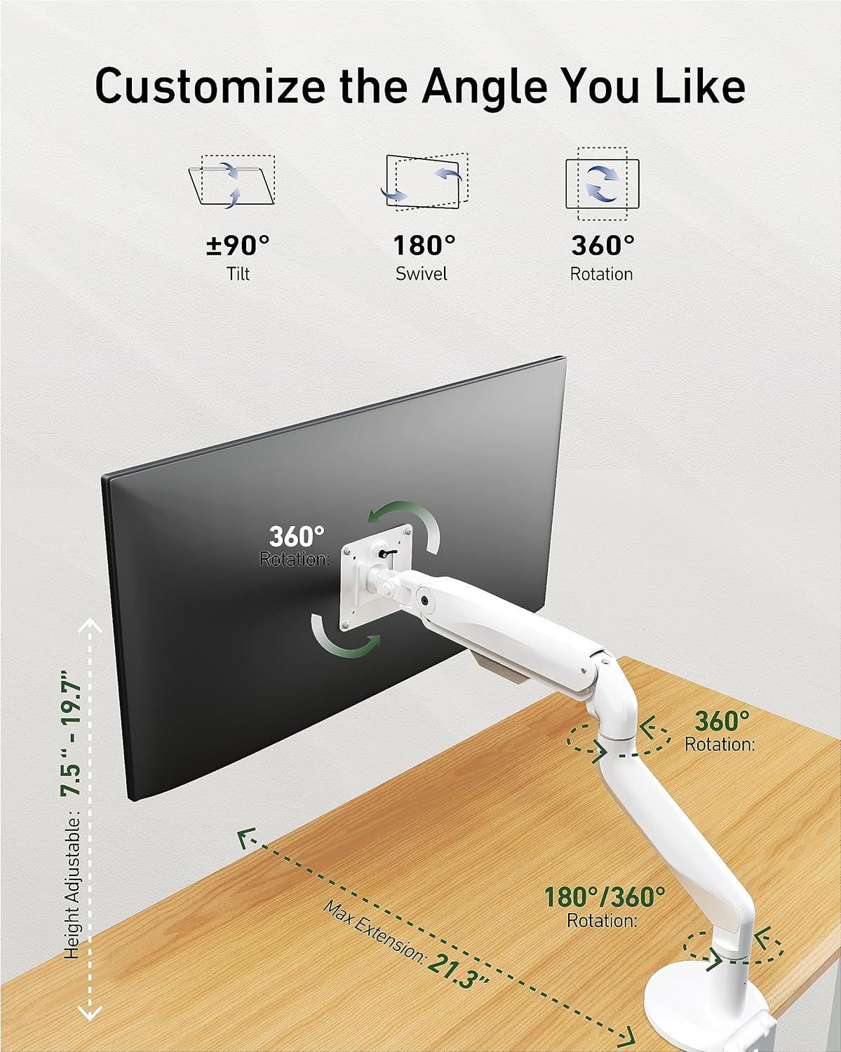 Ergounion Ultrawide Single Monitor Mount, Adjustable Gas Spring Monitor Arm for 17 to 49 Inch Screens, 75/100 Vesa Mount with C-Clamp and Grommet Base, White
