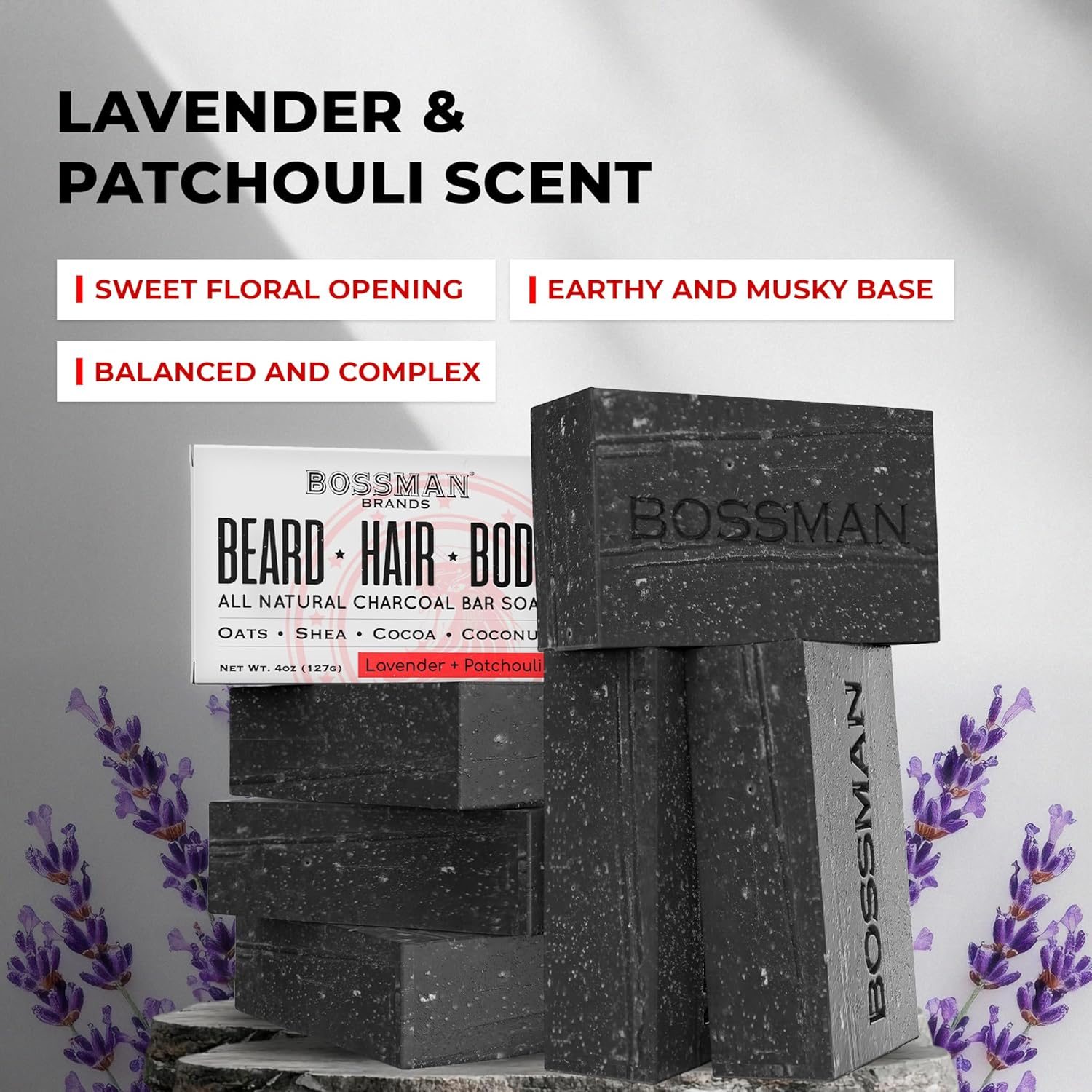 Bossman 6-Pack 4-In-1 Charcoal Soap Bar (4 Oz) &ndash; Bar Soap for Men &ndash; All-Natural Beard Wash, Shampoo, Body Wash & Shaving Solution &ndash; Lavender & Patchouli Scent image number 1