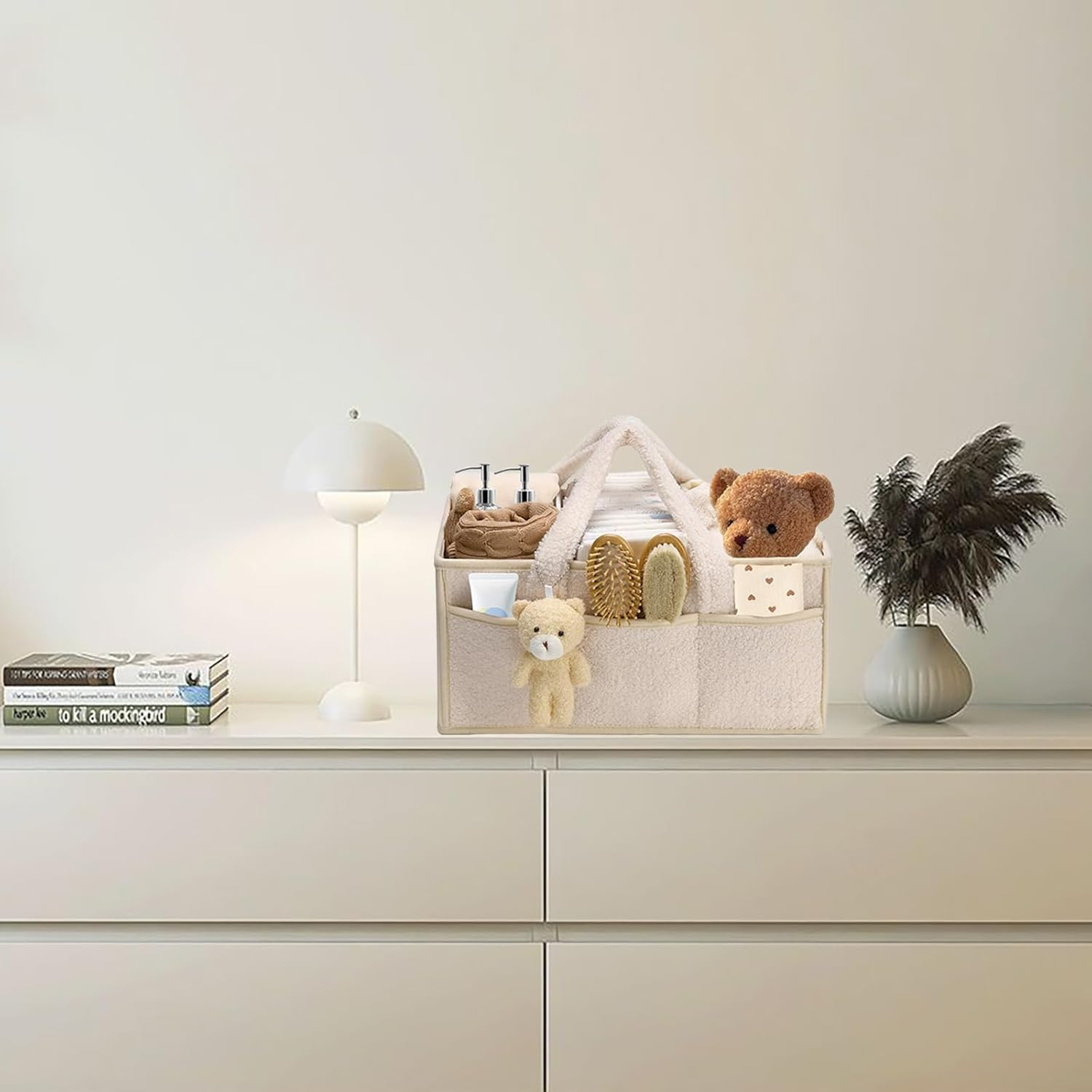 Baby Nappy Caddy, Portable Nappy Organiser, Divided Design, with Removable Inserts Nursery Storage Basket, Car Caddy (Beige) - Green image number 6