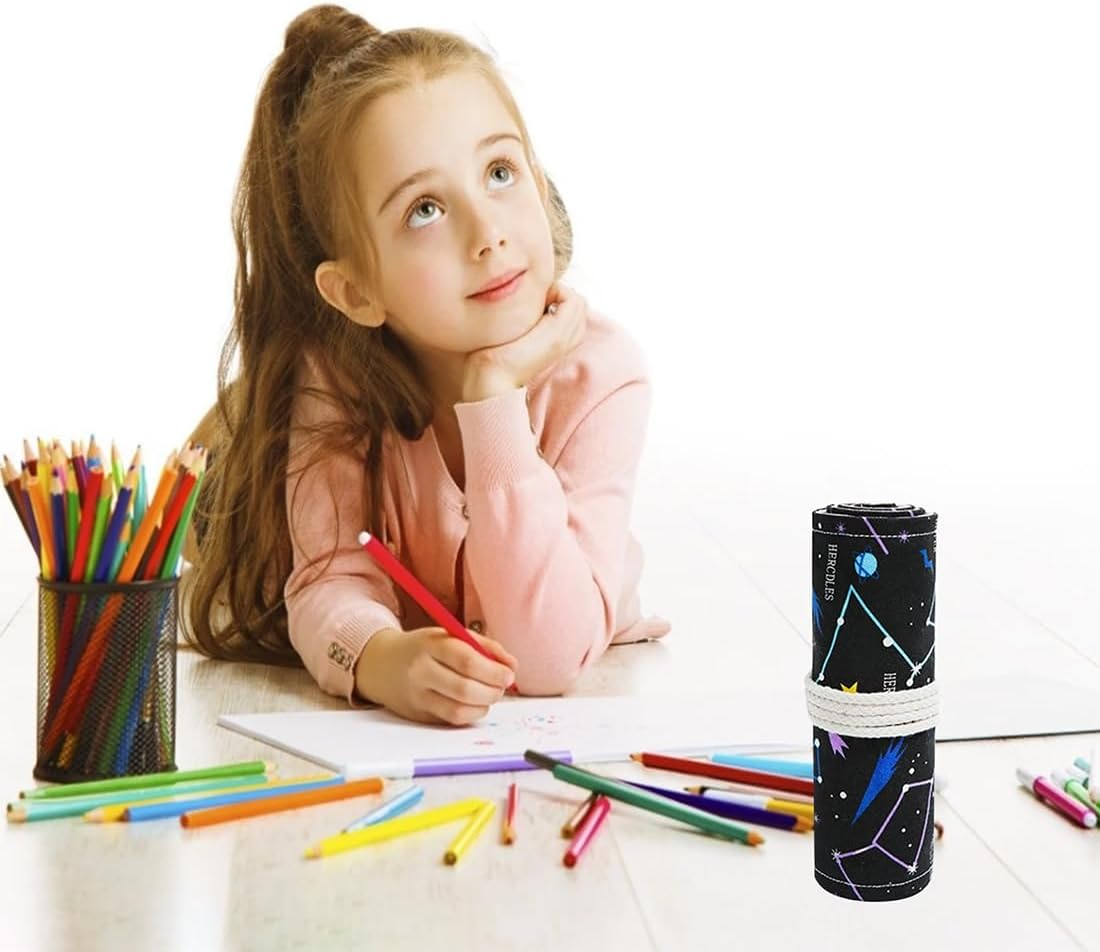 RGZD Canvas Roll up Pencil Case with 24 Compartments for Colored Pencils, Ideal for Sketching, Drawing and Writing, Night Sky Design, Colour image number 5