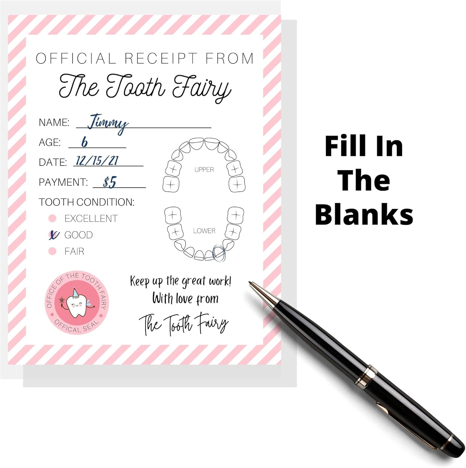 Tooth Fairy Receipt Cards with Pink Stripes | 40 Pack | 4.25X5.5" Inch Large Postcard Size Tooth Fairy Receipt for Lost Tooth Certificate for Kids to Add to Gold Coins under Pillow | White Card with Tooth Fairy Design Chart and Pink Stripes image number 4