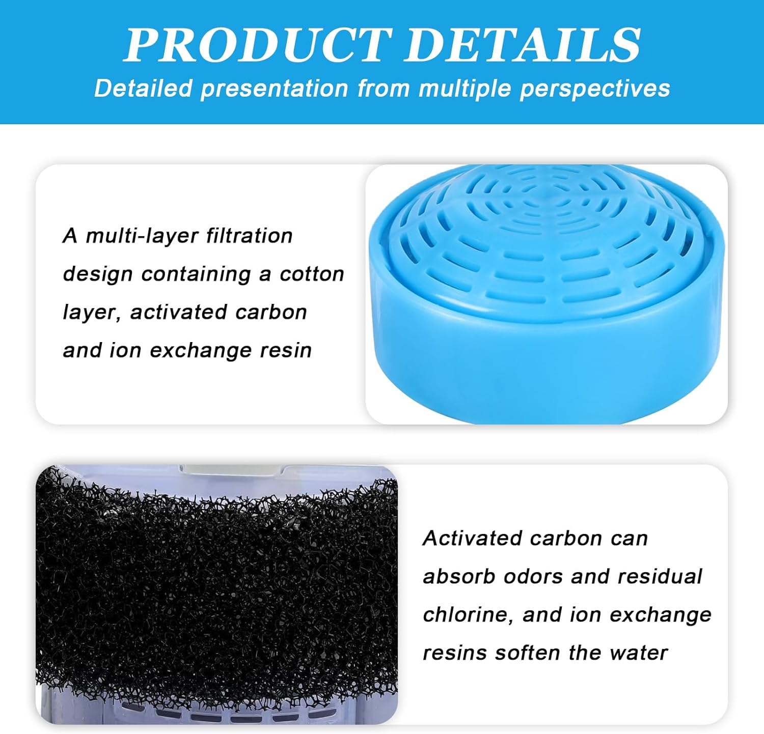 Sporgo Pack of 12 Cat Fountain Filters: Replacement Filter for 2L Cat Fountain, 8 Pieces Foam Filters and 4 Pieces Carbon Filter, Stainless Steel Cat Fountain Filter, round Replacement Pump for Cat