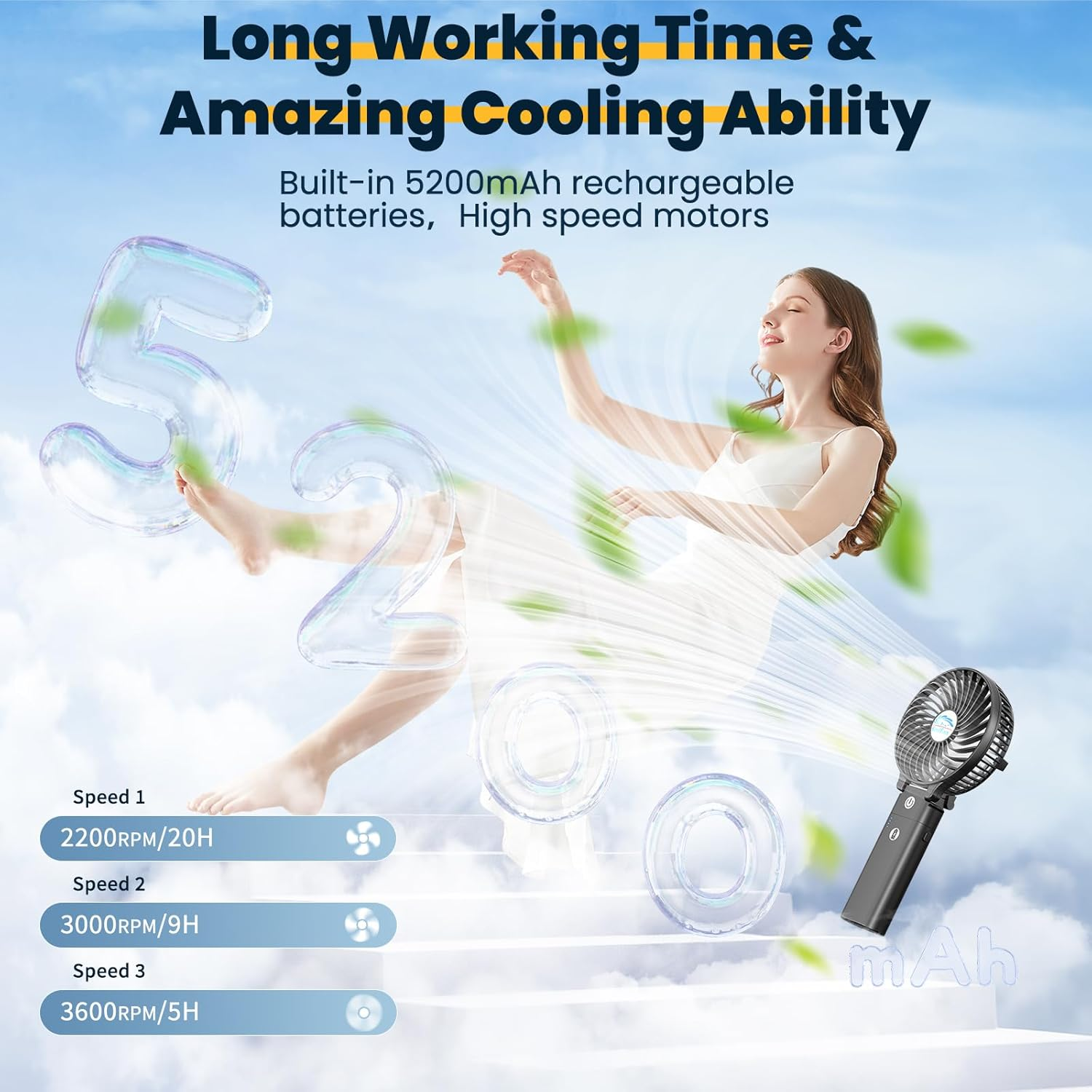 Handfan 5200Mah Portable Handheld Fan, Personal Hand Held Fan USB Rechargeable, 180&deg; Foldable Portable & Detachable Handle Design,3 Speeds Strong Airflow Cooling for Travel/Outdoors/Indoors (Black) image number 5