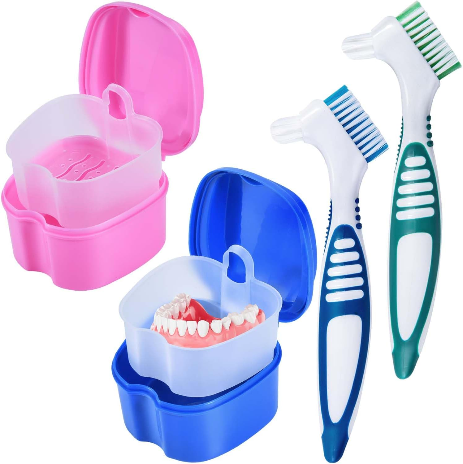 KISEER 2 Pack Denture Bath Case Cup Box Holder Storage Container with Denture Cleaner Brush Strainer Basket for Travel Cleaning (Light Blue and Blue)