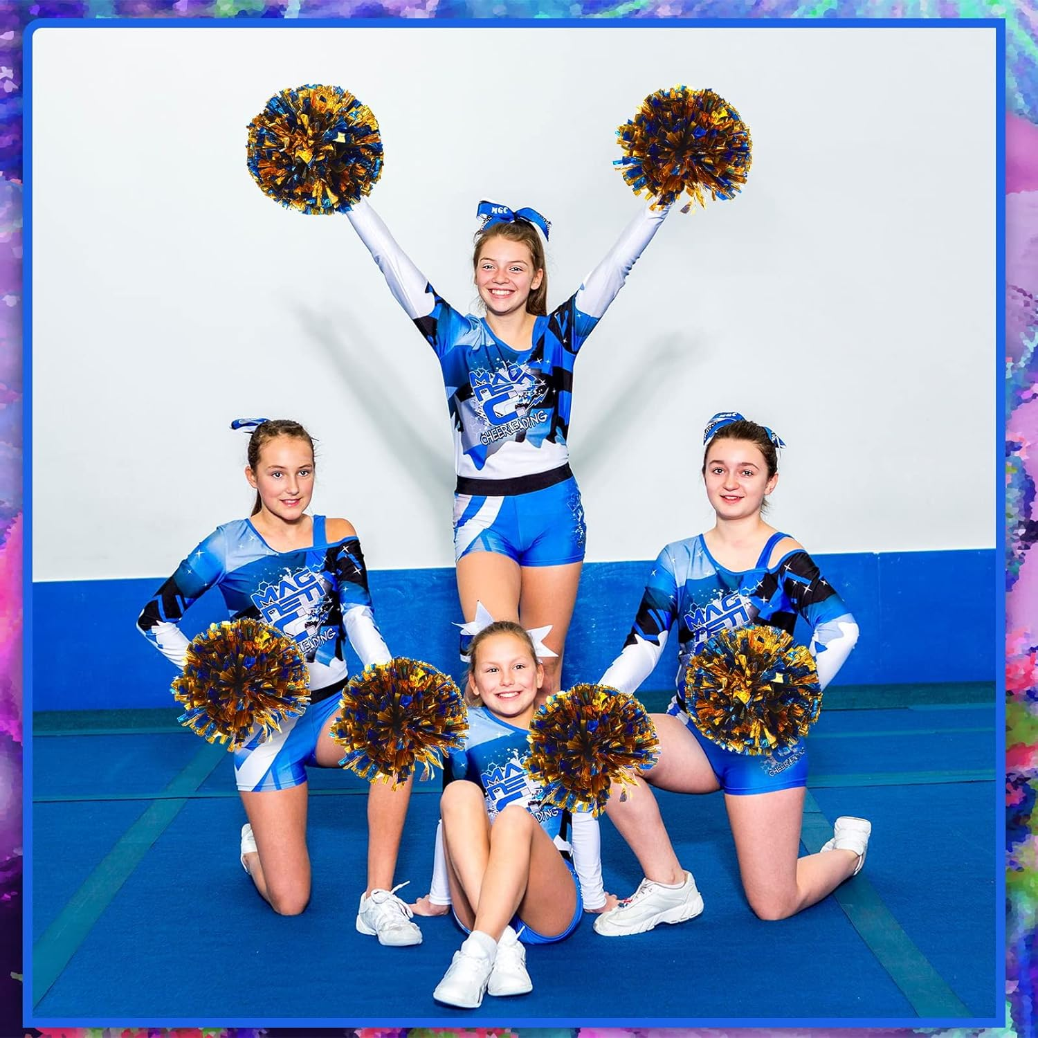 24 Pcs Metallic Foil Cheerleading Pom Poms with Plastic Finger Holes Cheerleader Pom Poms 80G Cheer Pom Poms for Dance, Matches, Team Sports, Stage Performance, Carnival Celebration (Blue/Gold) image number 1