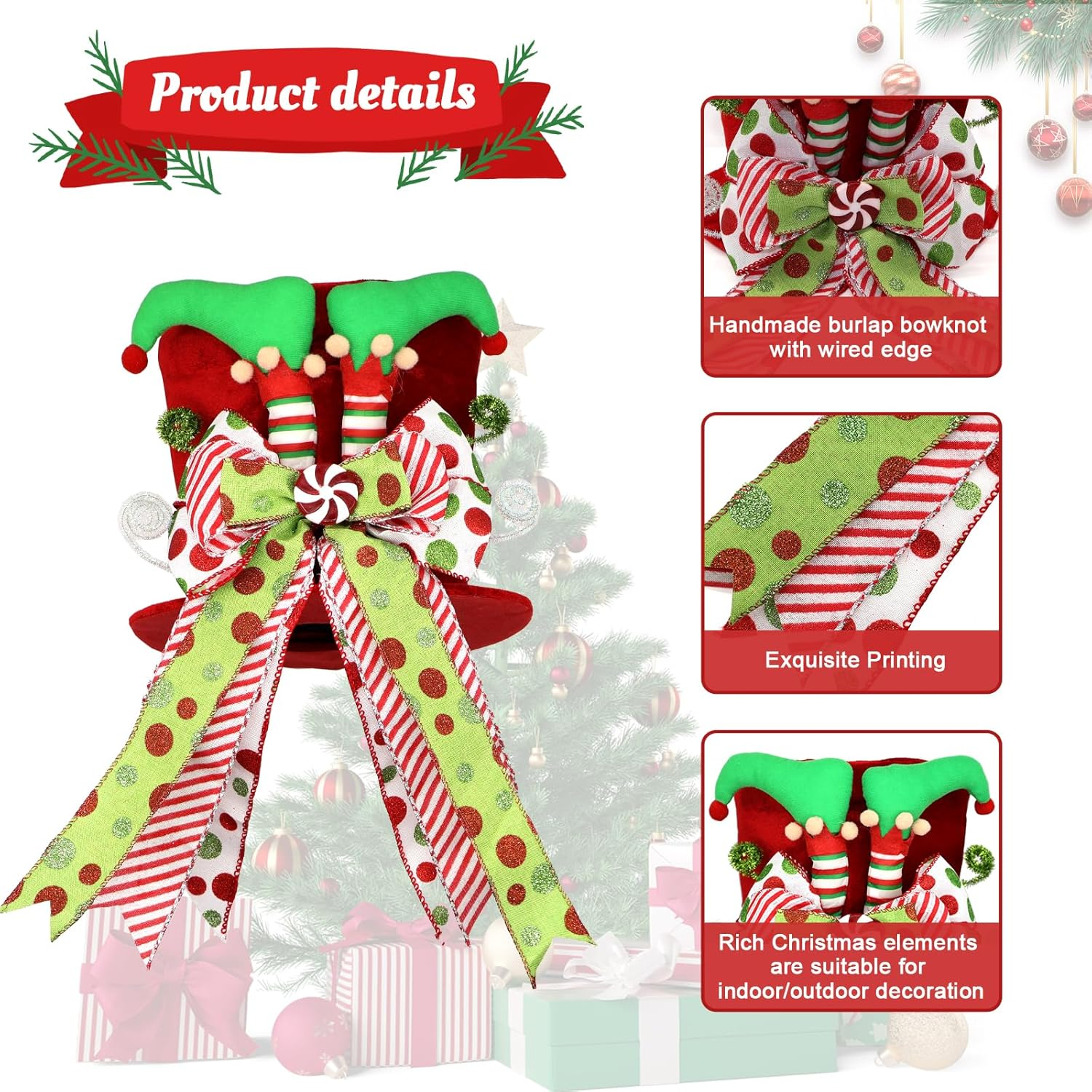 Christmas Tree Topper Hat with Bow, Red Velvet Top Hat Ornament with Elf Legs and Red & Green Polka Dot Bow, Winter Holidays Xmas Decor for Home Decoration image number 5