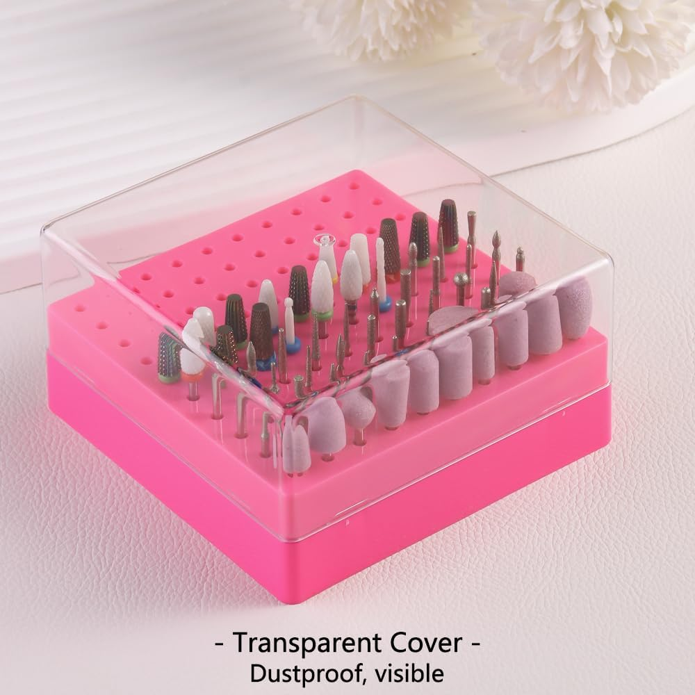 Fspronail Nail Drill Bits Holder,100 Holes Nails Drill Grinding Head Organizer Empty Box,Nail Drill Kit and Nail Drills Cleaning Brush Dust-Proof Storage Display Manicure Tool Container Case(Rose Red) - Black image number 3