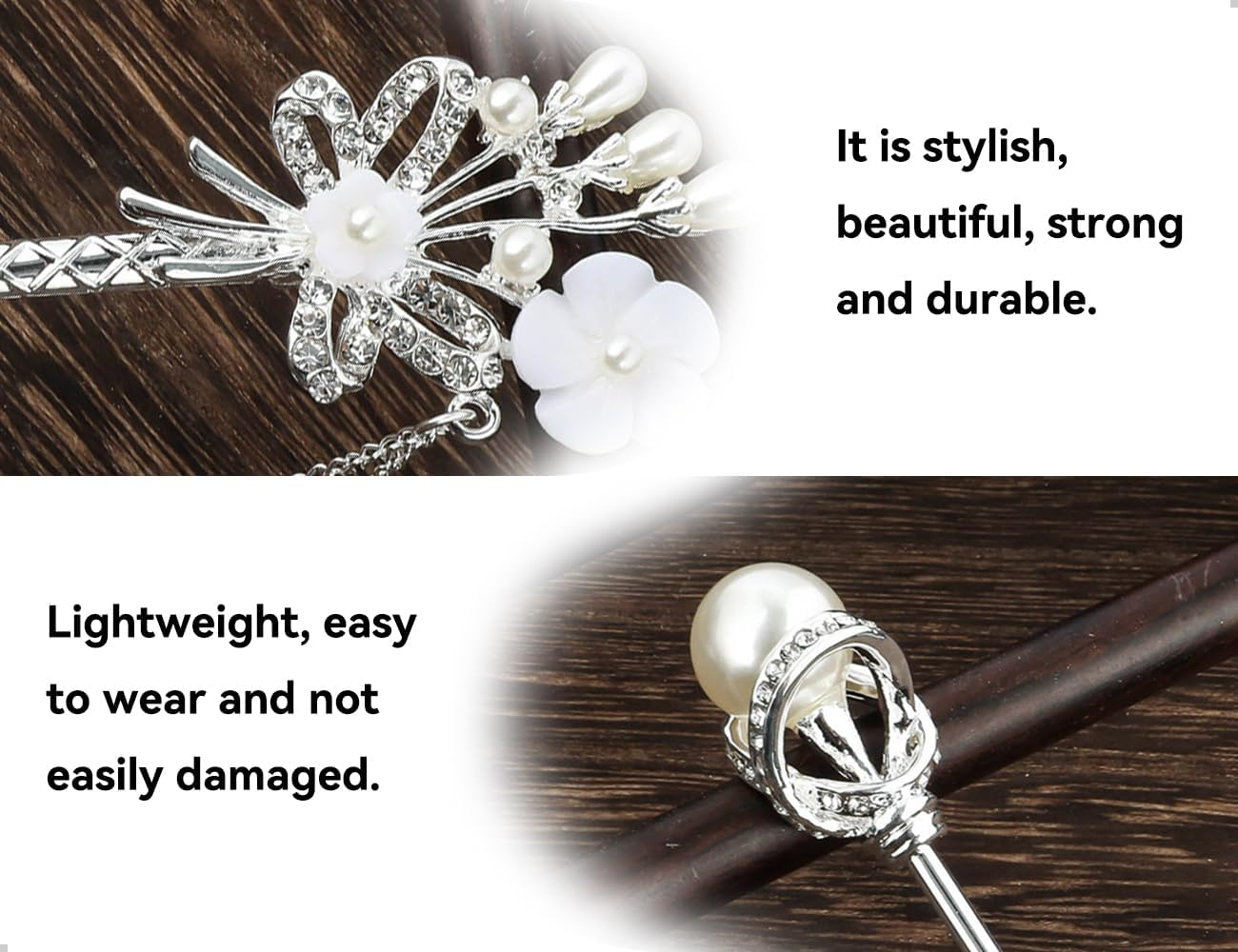Emezddo Pack of 3 Pearl Hair Sticks, Chinese Hairpin, Vintage Tassel Hairpin, Flower Hair Accessories, Used for Girls Women, for Retro Parties, Traditional Chinese Festivals