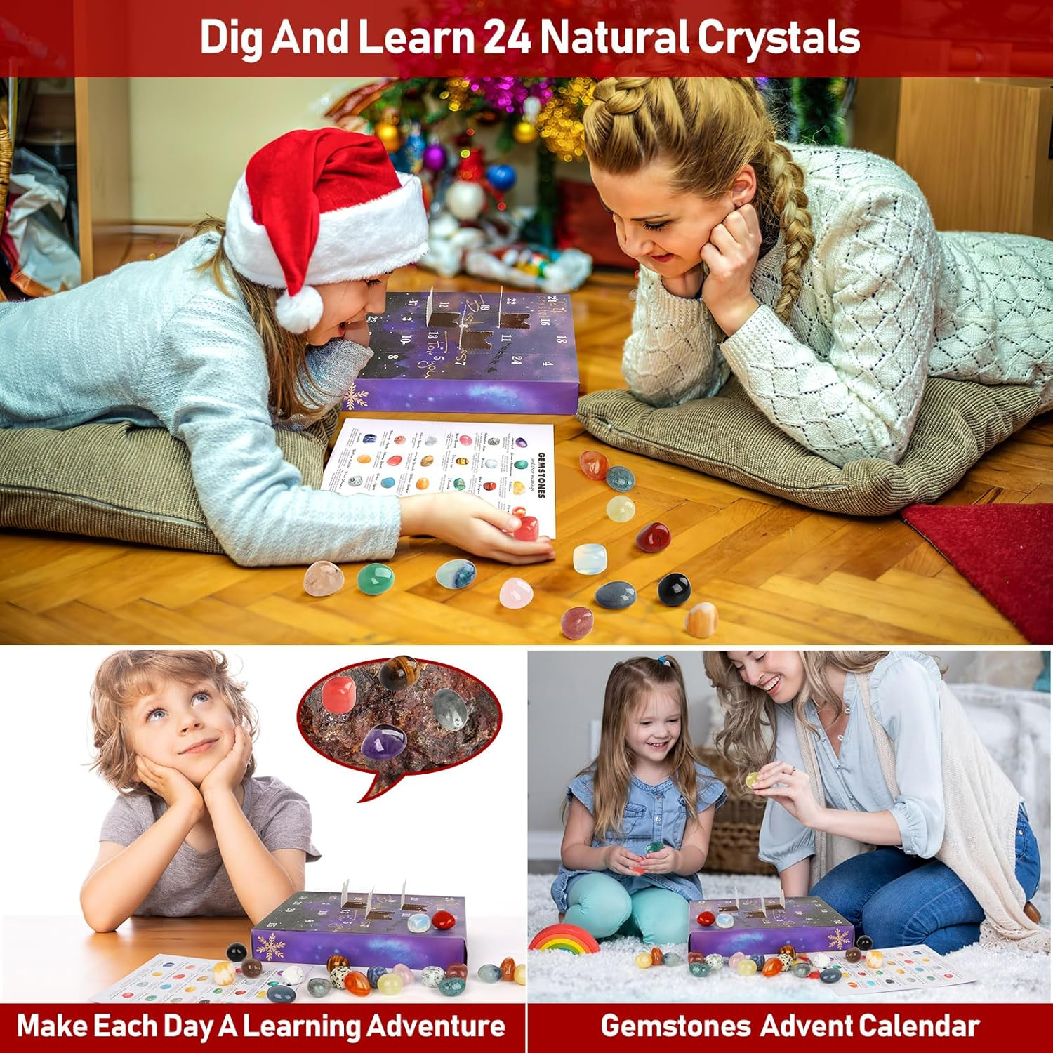 Advent Calendar 2024,24 Days Natural Crystal Stone Gemstones Minerals Fossils Advent Calendar Crystals Christmas Calendar Gem Enthusiasts Rock Collection Gift for Xmas Girls Boys Kids Women Men (#1) image number 1