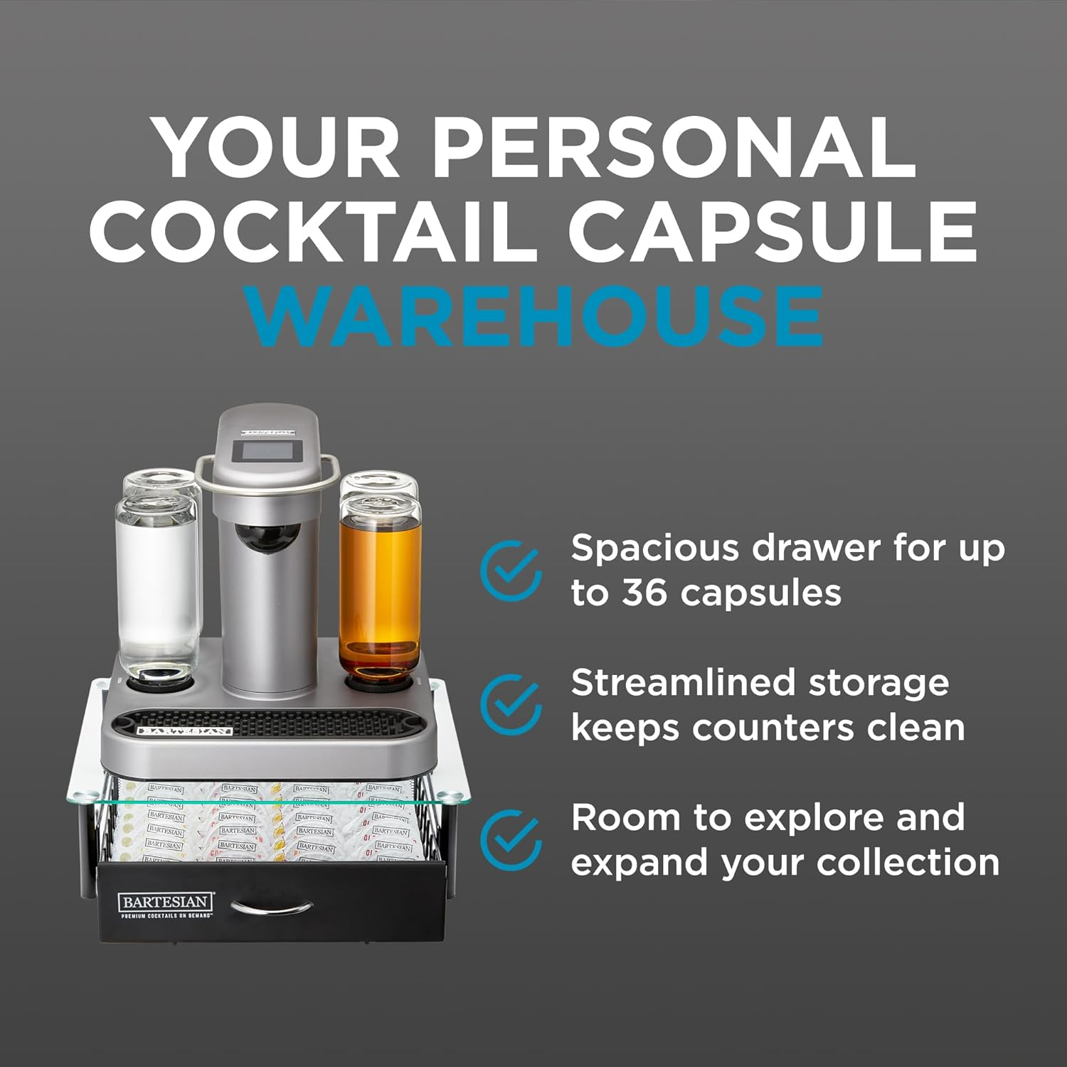 Bartesian Cocktail Capsule Storage Drawer Organizer - Stylish Mixology Cocktails Drink Mixer Holder Dispenser - Home Bar Accessories for Cocktail Maker Machine - Holds up to 36 Capsules image number 3