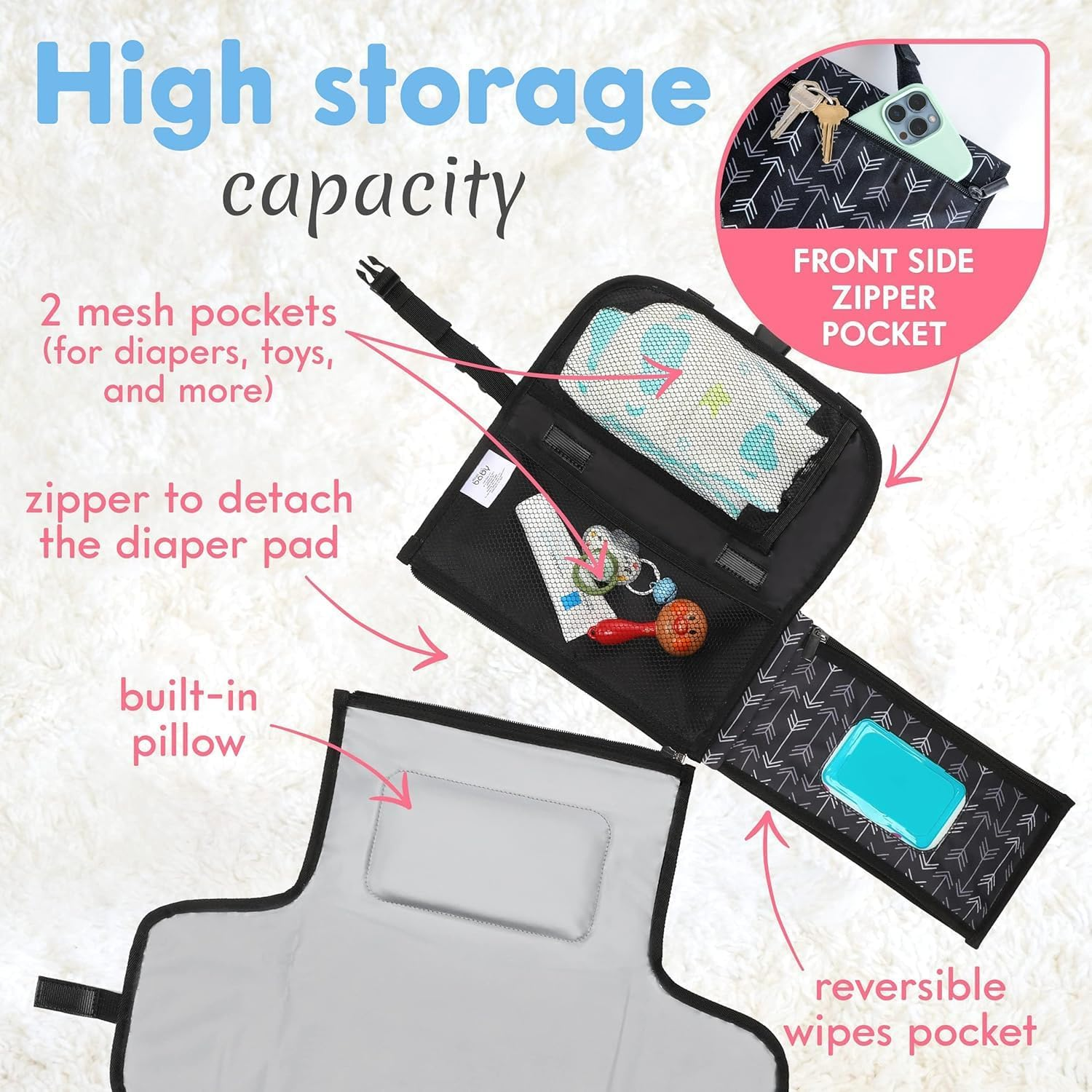 Portable Diaper Changing Pad for Baby, Portable Changing Pad for Newborn Girl & Boy, Waterproof Baby Changing Mat, Foldable and Detachable Diaper Changing Station with Baby Wipes Pockets, Baby Gift