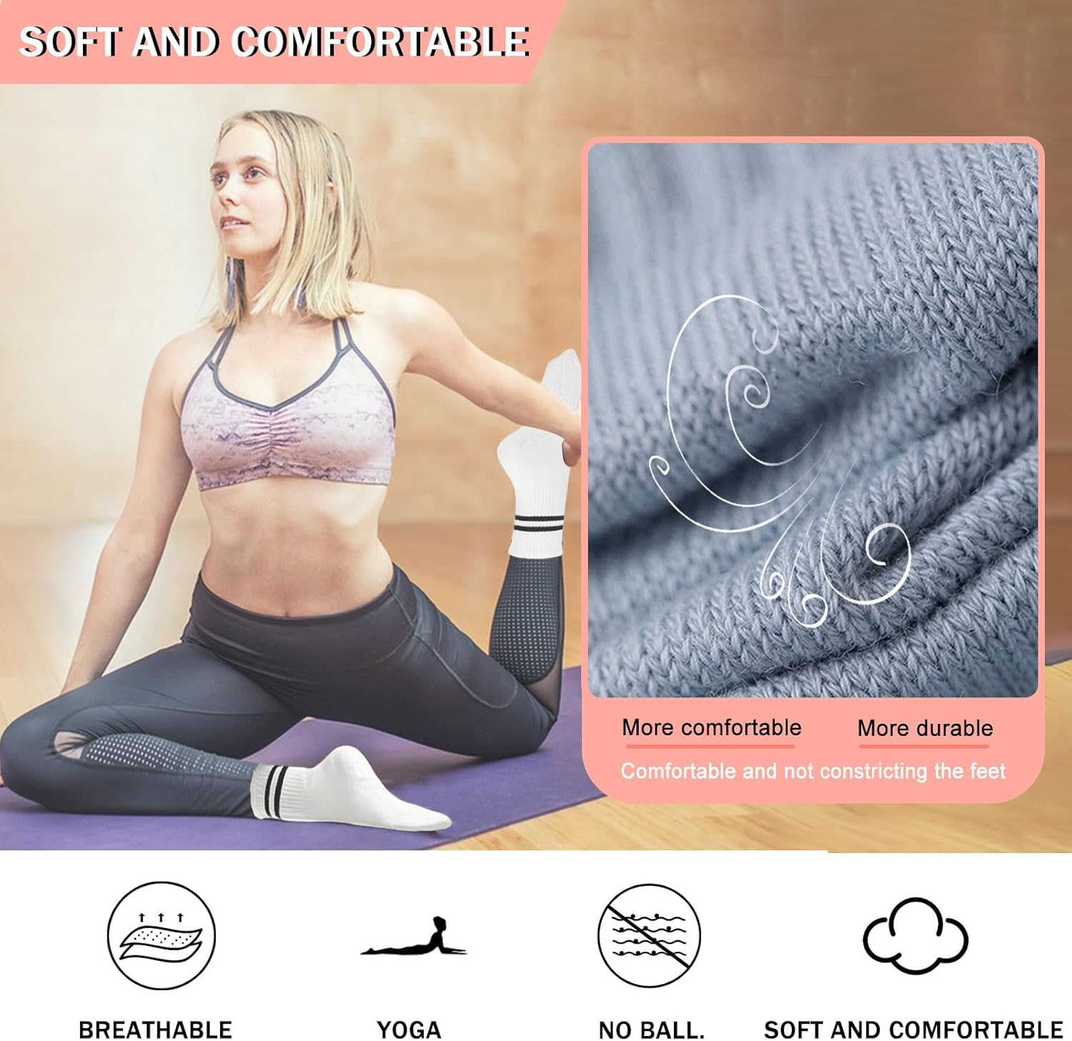 4 Pairs Pilates Yoga Grip Socks, Non Slip Pilates Socks Ladies Mid-Calf, Breathable Cotton Yoga Socks for Gym image number 4