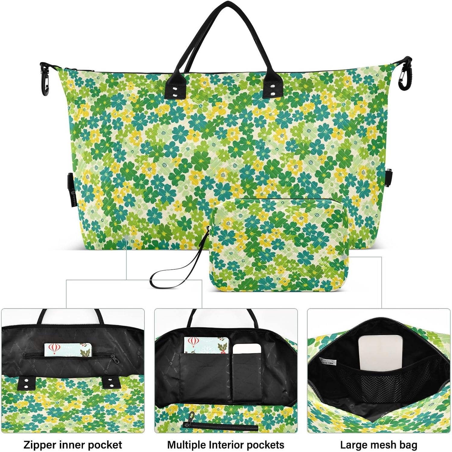 Oversized Travel Duffel Bag Travel Weekender Gear Bag Sports Duffel Bags with Adjustable Strap for Sports Multifunctional, Small Flowers Green Yellow image number 5