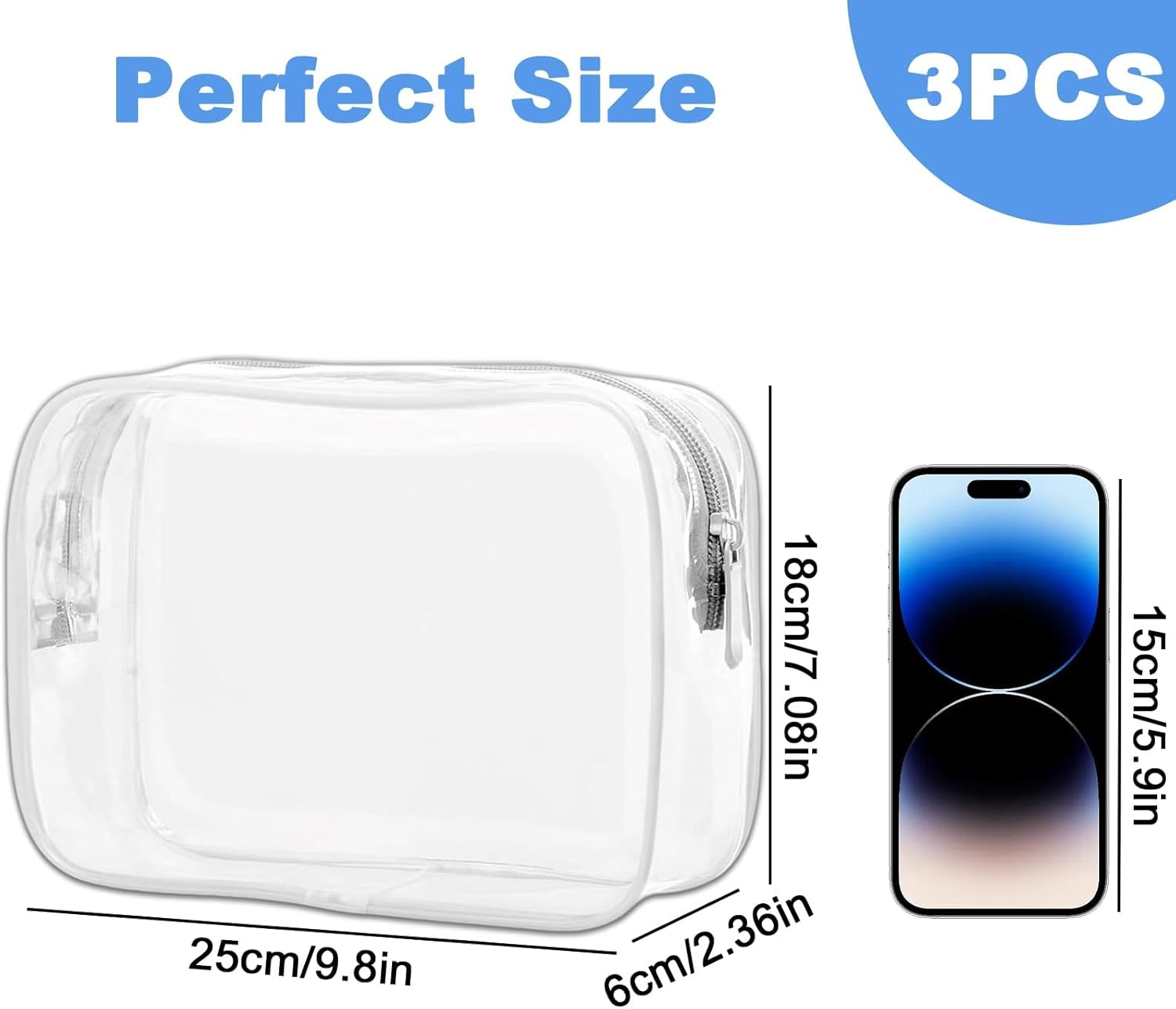 Clear Toiletry Bag, 3 Pack Large White Transparent Travel Toiletry Bags for Airport Security, Gym Organisation, Daily Cosmetic Storage image number 1