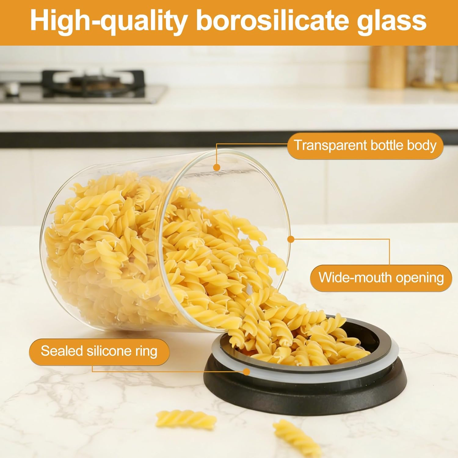 Romon Glass Containers with Lid, Set of 4 Storage Jars Made of Borosilicate Glass, Airtight Storage Jars, Stackable, Transparent for Kitchen, Flour, Coffee and Salt, 600 Ml, Round image number 5